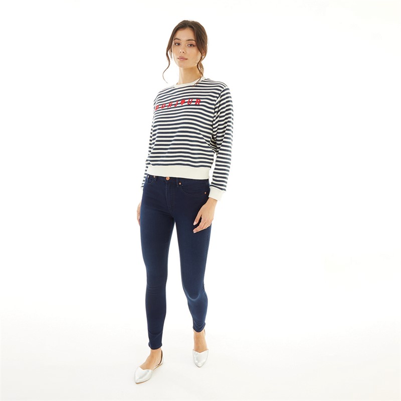 Womens Stripe Emb Bonjour Boxy Sweatshirt Dark Navy/​White/​Poppy
