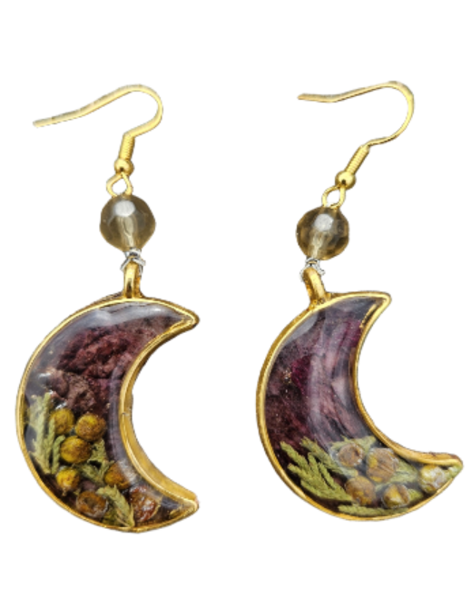 Galactic Evergreens Pressed Flower Moon Shaped Earrings