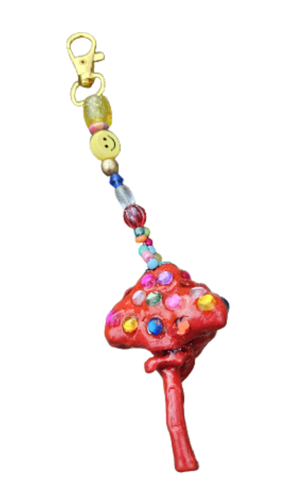Red Lucky Mushroom Charm with Multicolor Gems Bag Charm