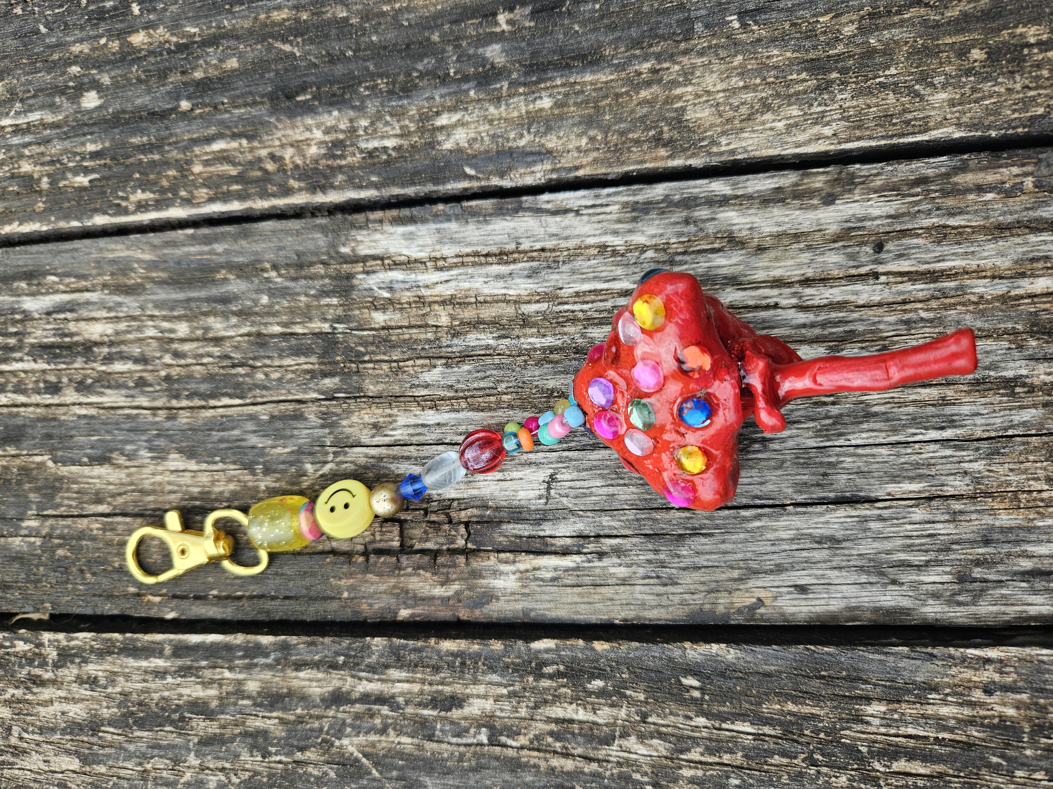 Red Lucky Mushroom Charm with Multicolor Gems Bag Charm
