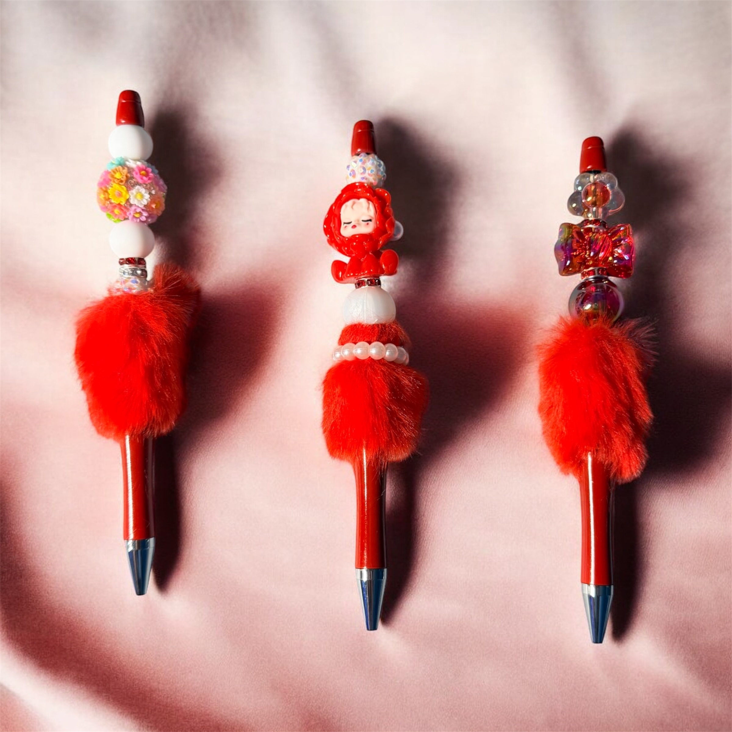 Beaded Red Furry Pens