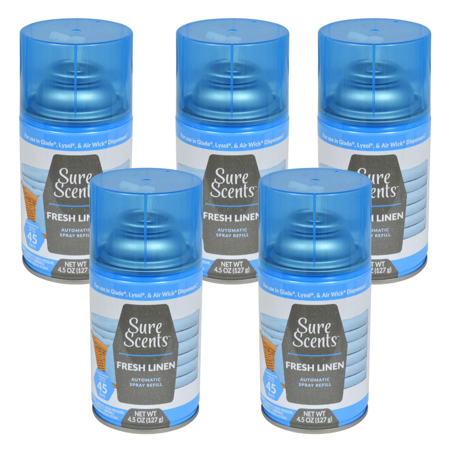 Sure Scents Fresh Linen Automatic Spray Refills, 4.5 oz. Air Freshener, Odor Eliminator and Neutralization for Home Kitchen Bathroom Office Living Room Long Lasting Scents Pack of 5