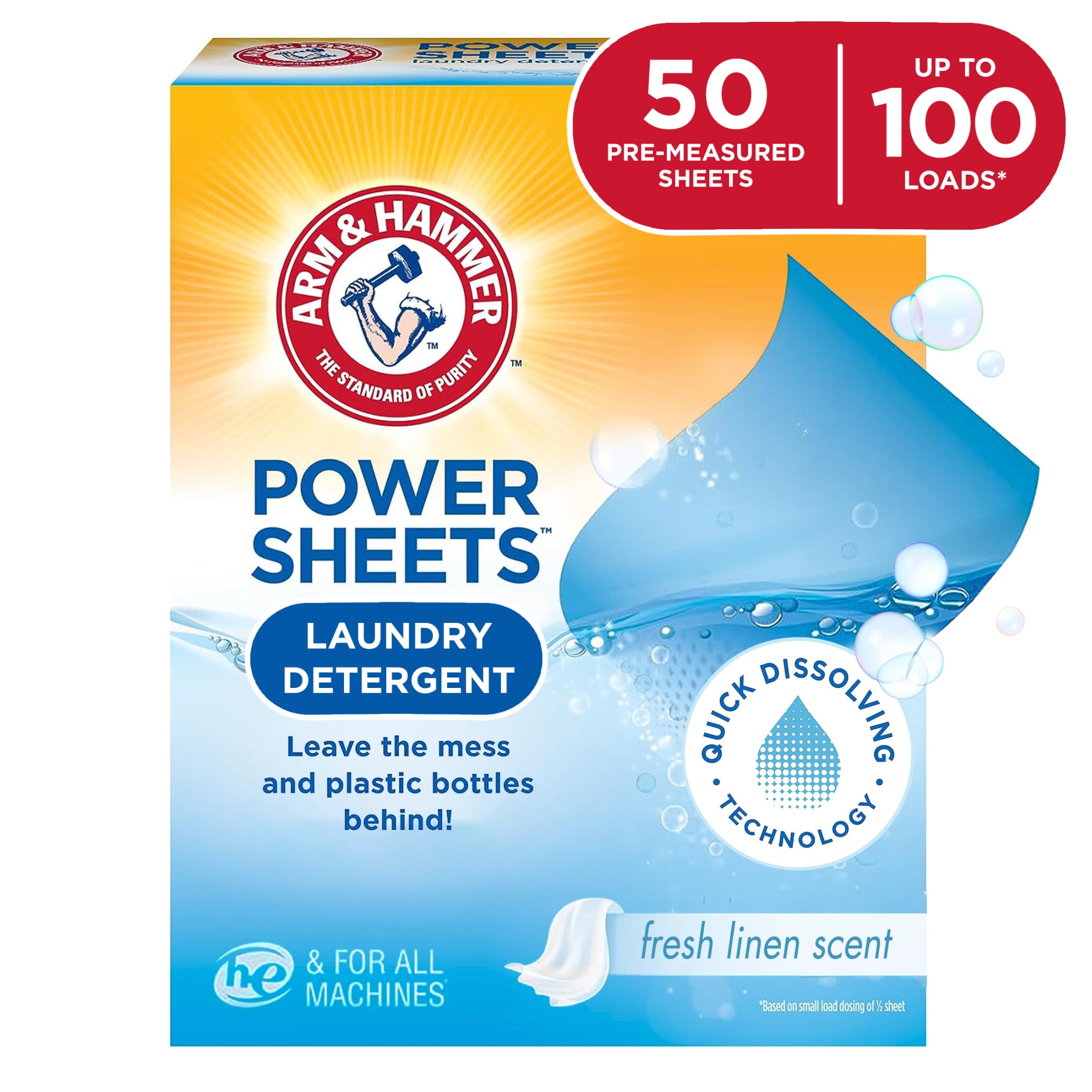 ARM & HAMMER Power Sheets Laundry Detergent Sheets, Fresh Linen, 50 Count, up to 100 Loads