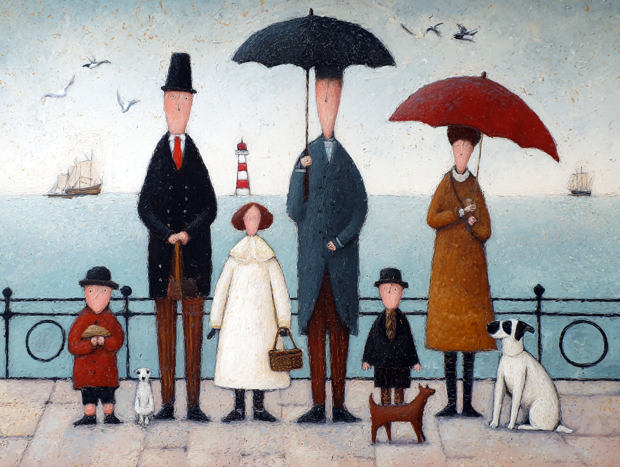 Whimsical Family Seaside Art Print in the style of Lowry