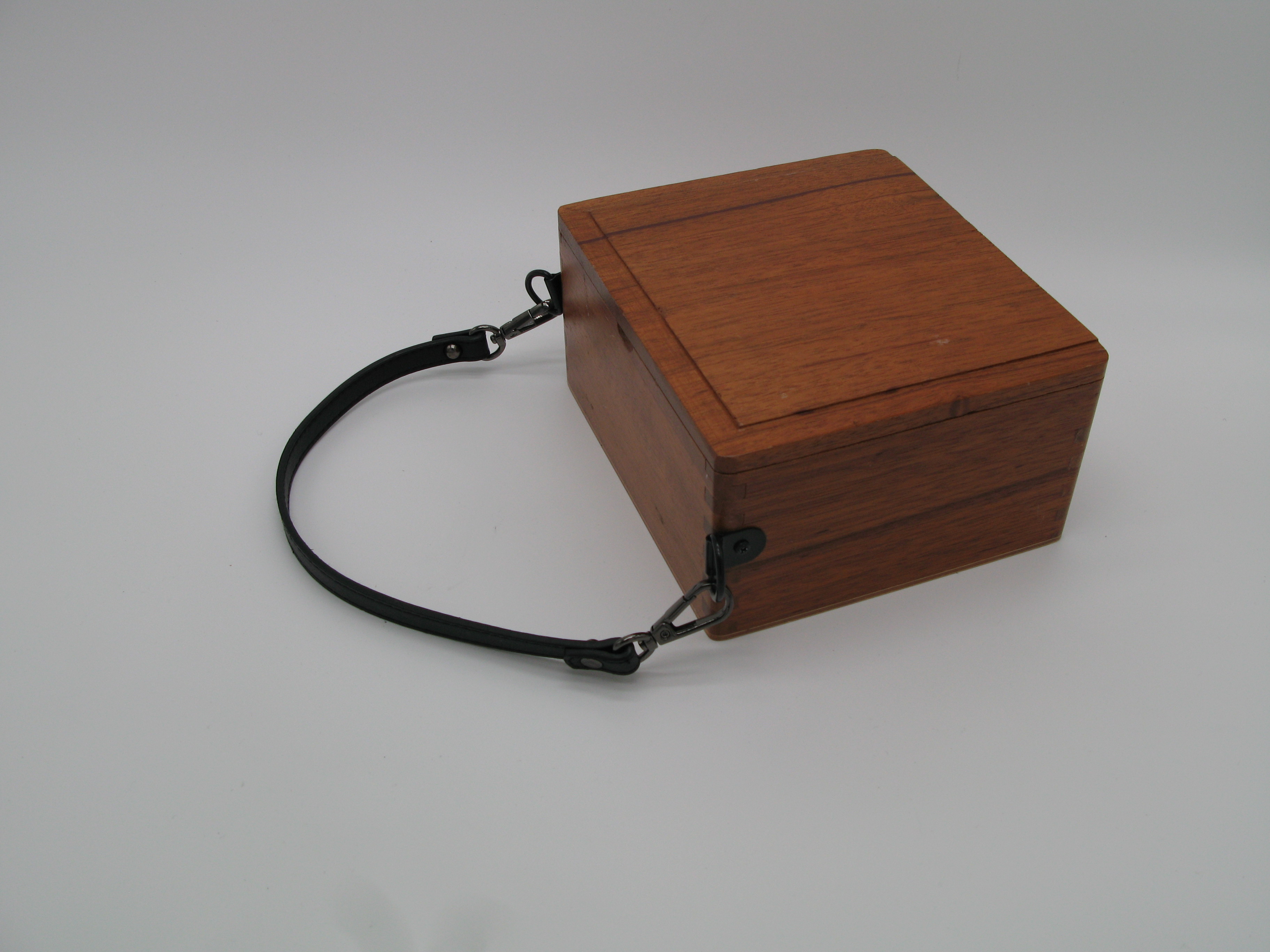 Wooden box purse with leather strap
