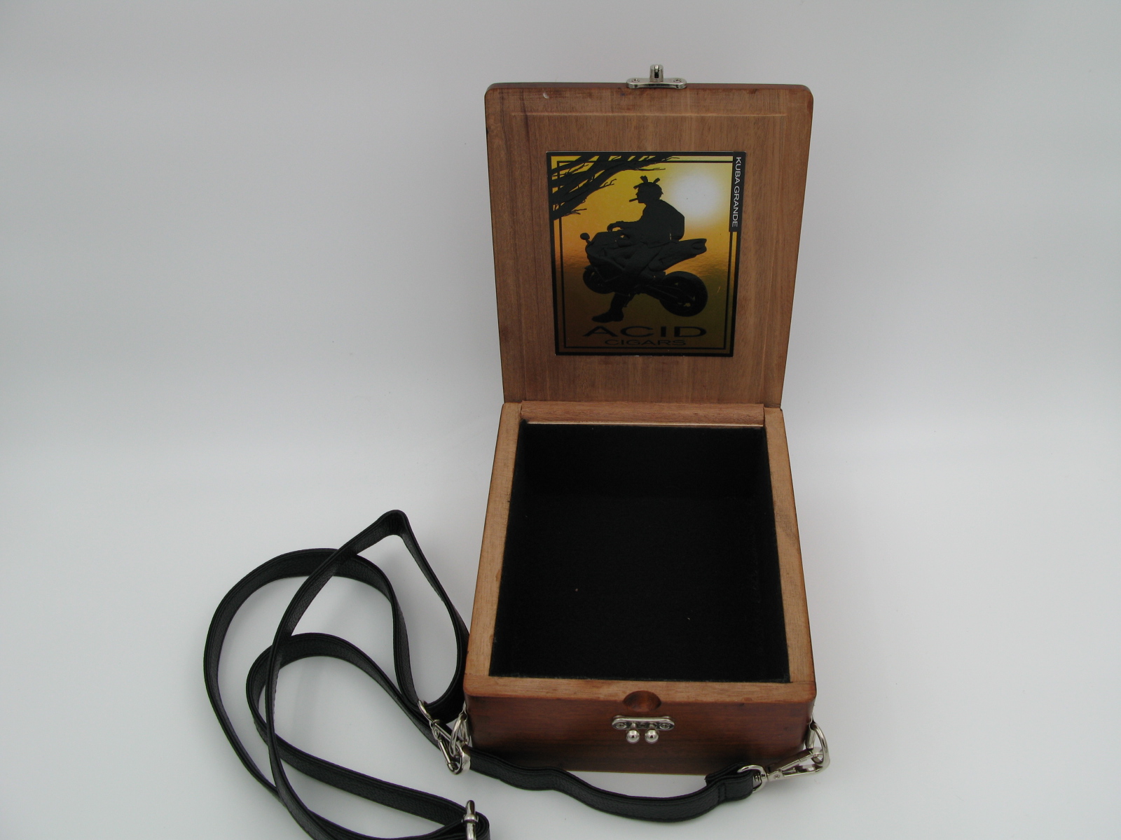 Wooden box with shoulder strap