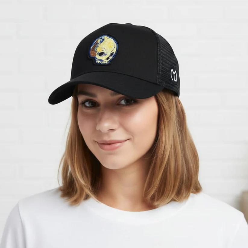Black Skull Patch Trucker Cap