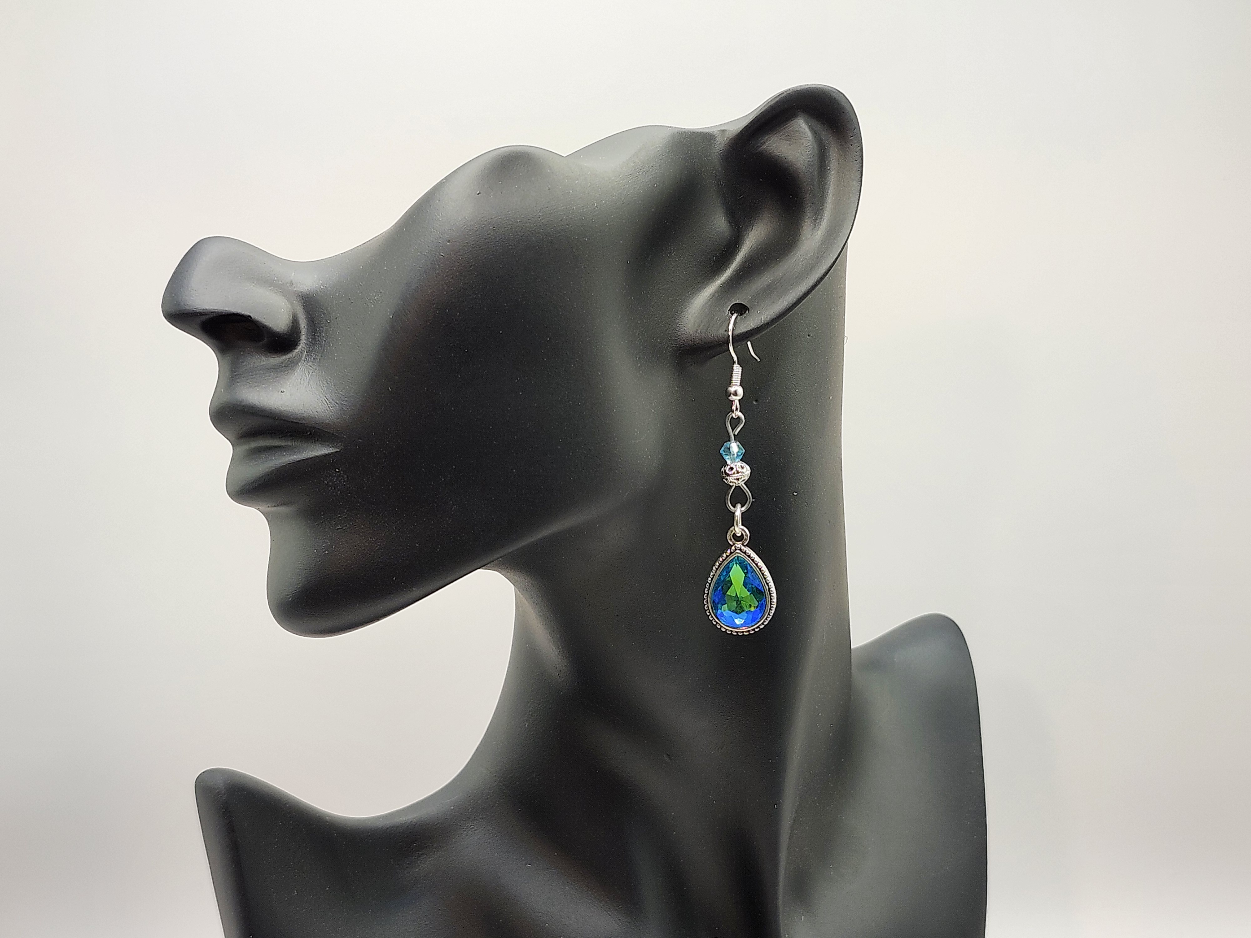 Blue Rhinestone Teardrop Earrings, Elegant Silver Drop Earrings