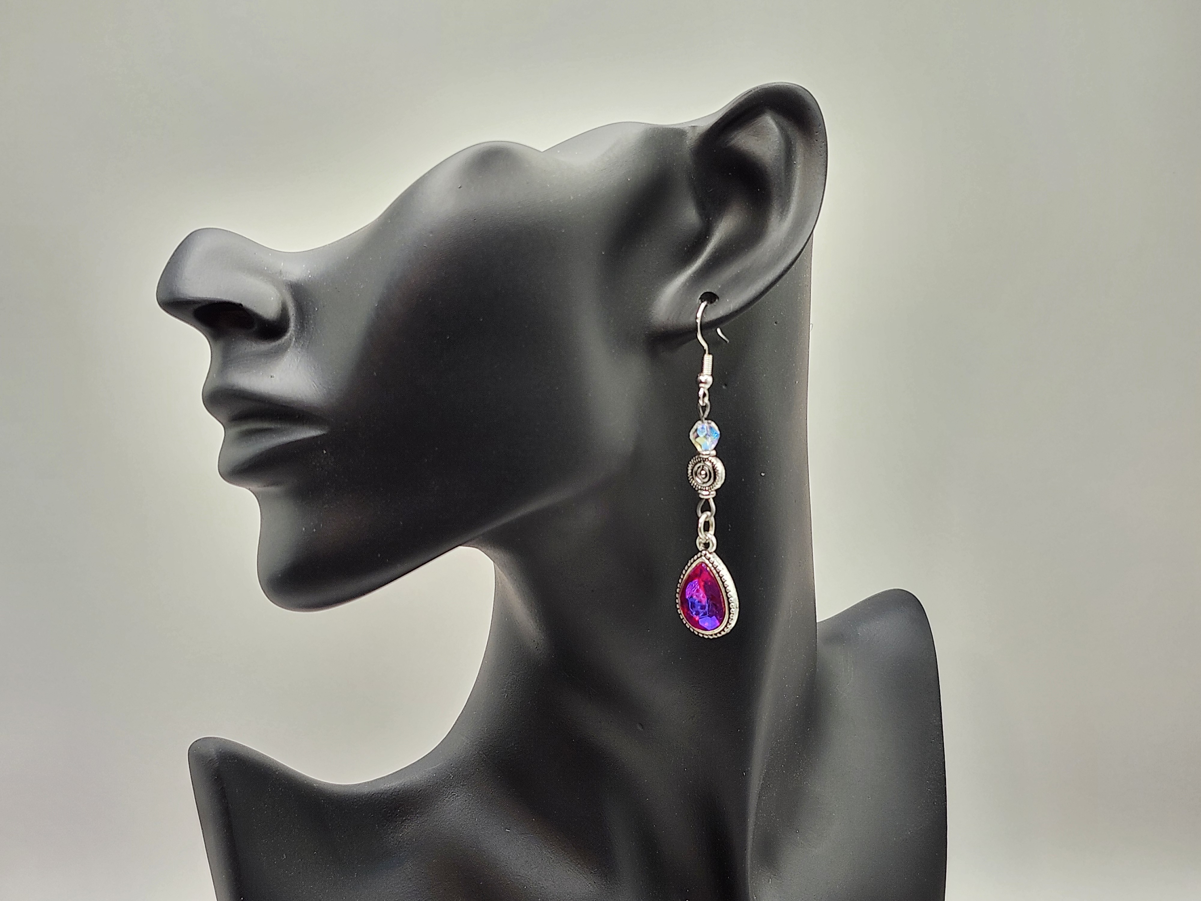 Amethyst Rhinestone Teardrop Earrings, Elegant Silver Drop Earrings
