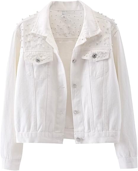 White Denim Jacket with Pearl Embellishments