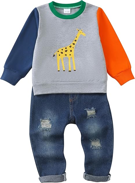 Toddler Giraffe Print Sweatshirt and Jeans Outfit