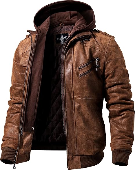 Men's Brown Leather Jacket with Hood