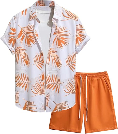 Men’s Tropical Leaf Print Shirt and Shorts Set