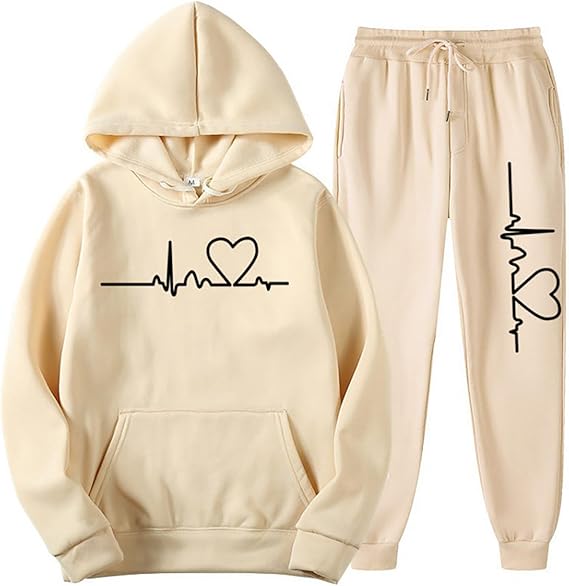 Beige Heartbeat Hoodie and Sweatpants Set