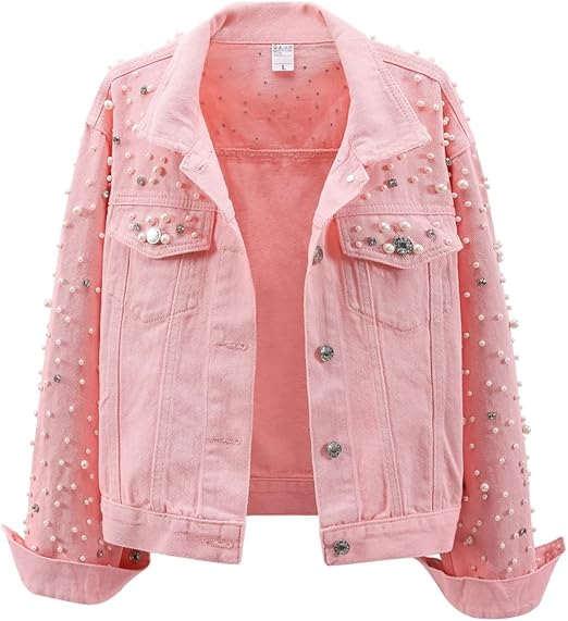 Pink Pearl Embellished Denim Jacket