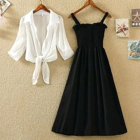 Elegant Black Dress and White Blouse Set