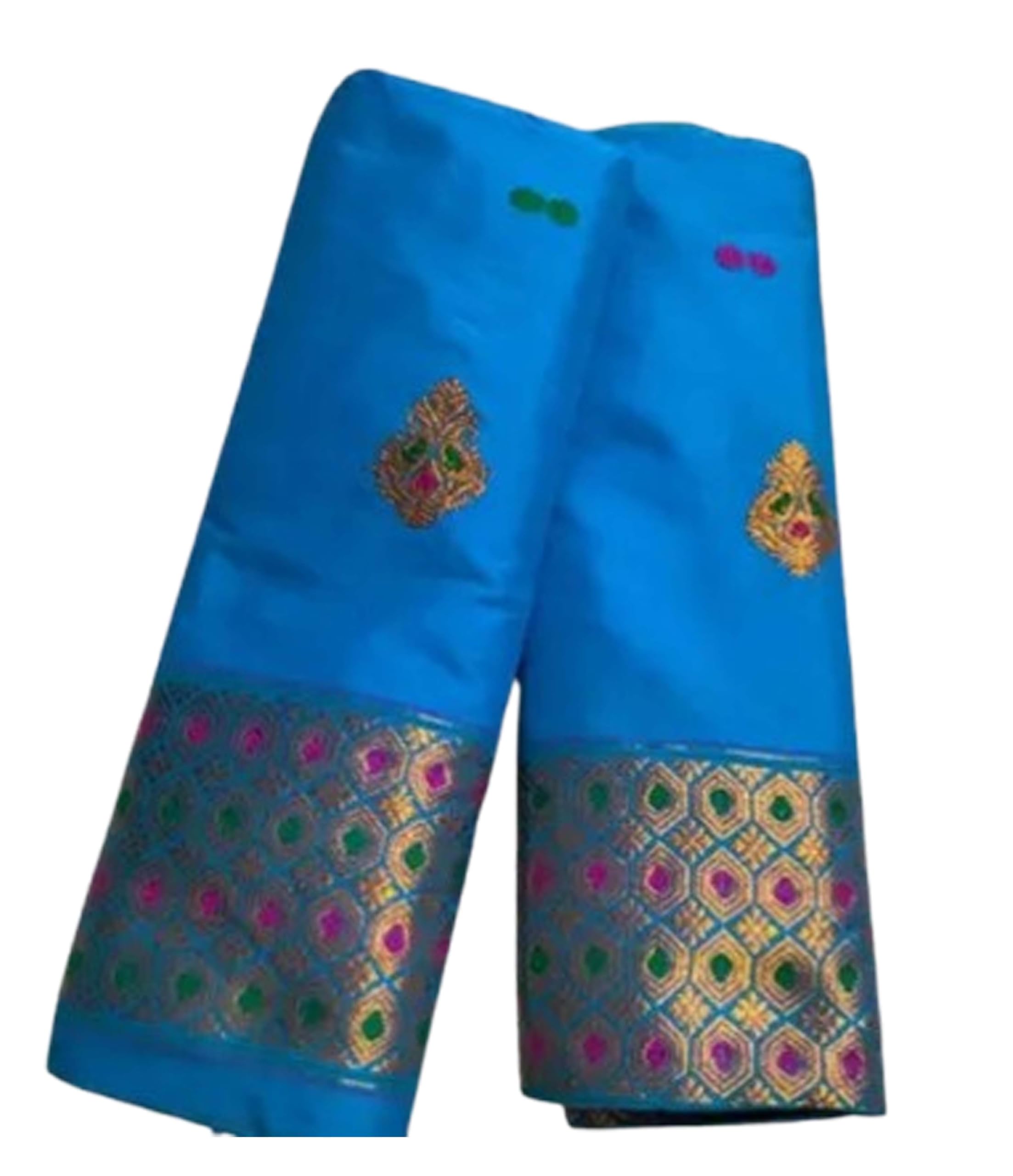 Women`s Assamese Mekhela Sador Santal Panchi Lungi Parhar Fabric of Soft Silk Traditional Design- Blue Gold