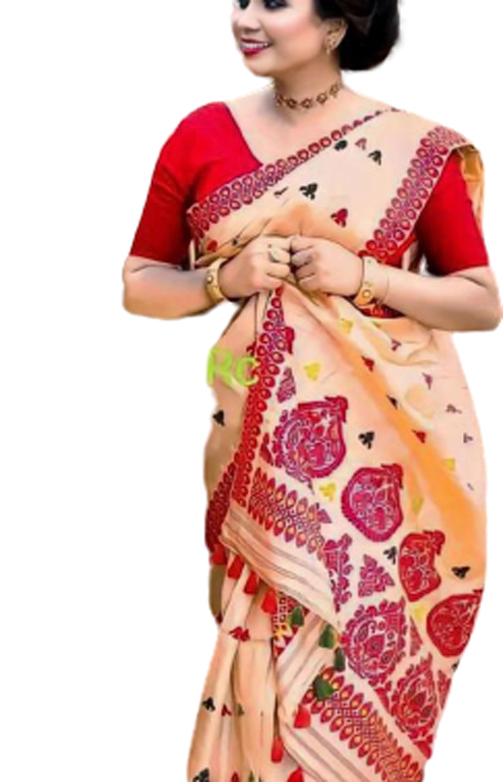 Women's Assamese Mekhela Sador Fabric Of Soft Silk Traditional Design Saree - White Red