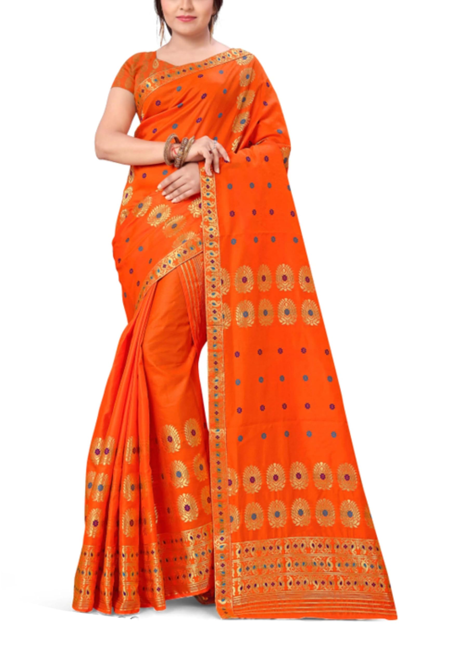 Women`s Assamese Mekhela Sador Traditional Design- Orange