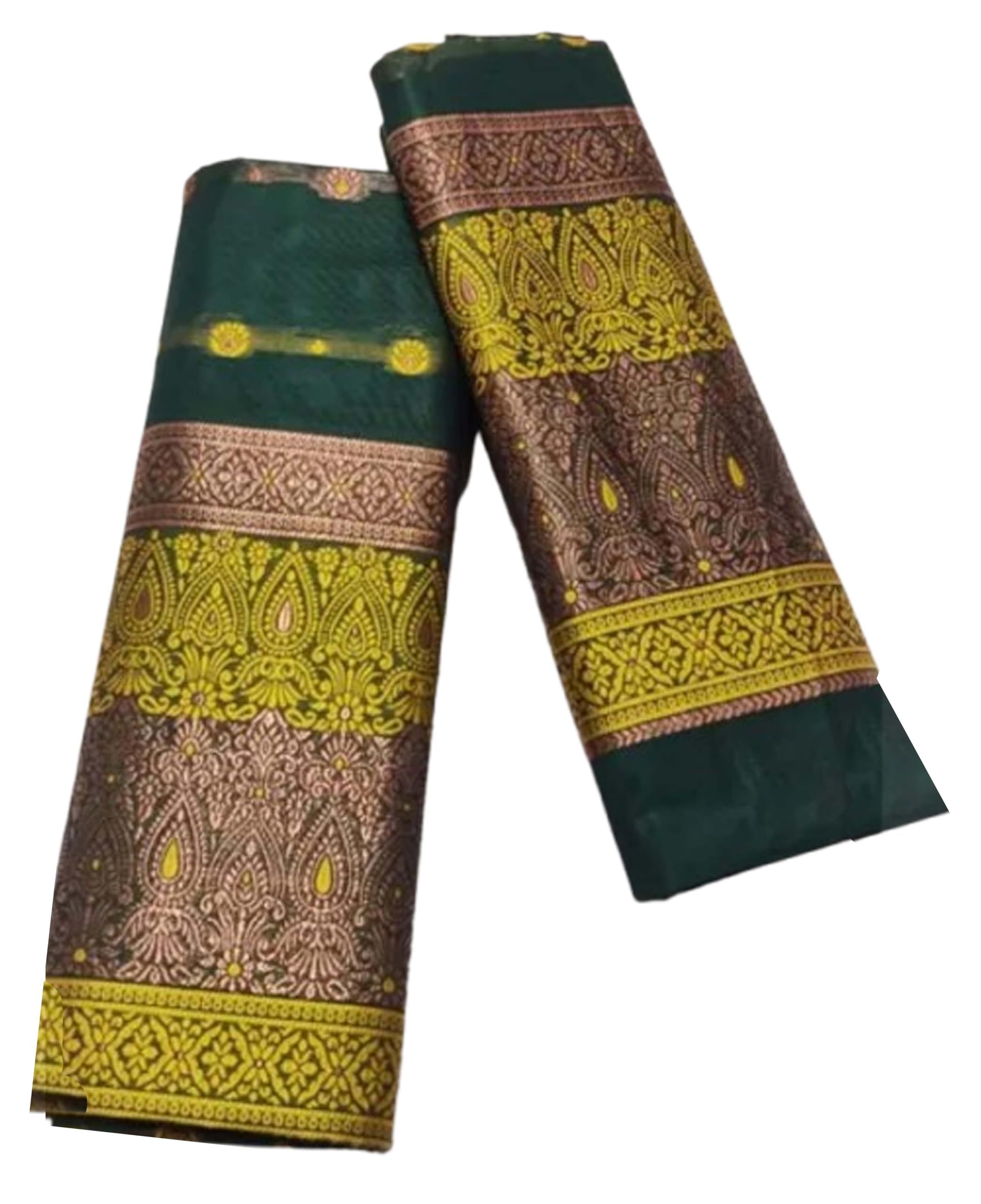 Women`s Assamese Mekhela Sador Fabric of Soft Silk Traditional Design-Green Gold