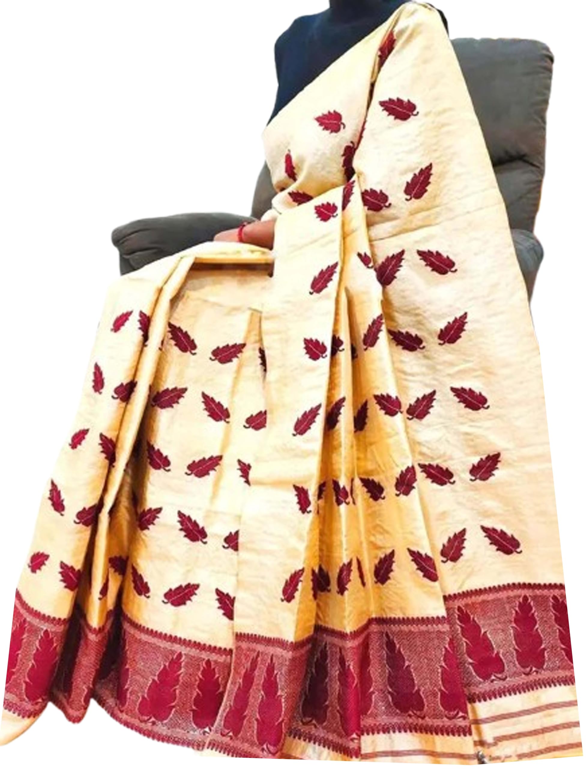 Women`s Assamese Mekhela Sador Chador Pat Traditional Design- Cream Red Leaf