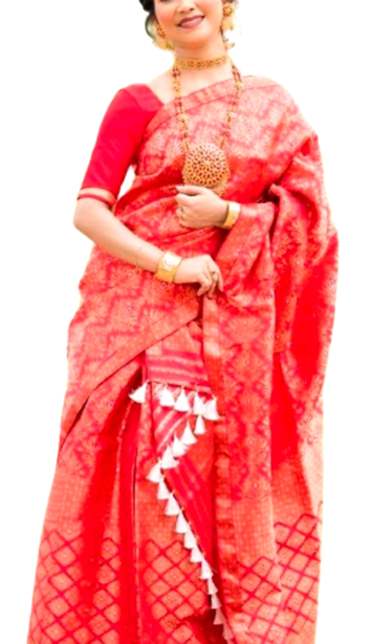 Women`s Assamese Mekhela Sador Santal Panchi Lungi Parhar Fabric of Soft Silk Traditional Design- Red
