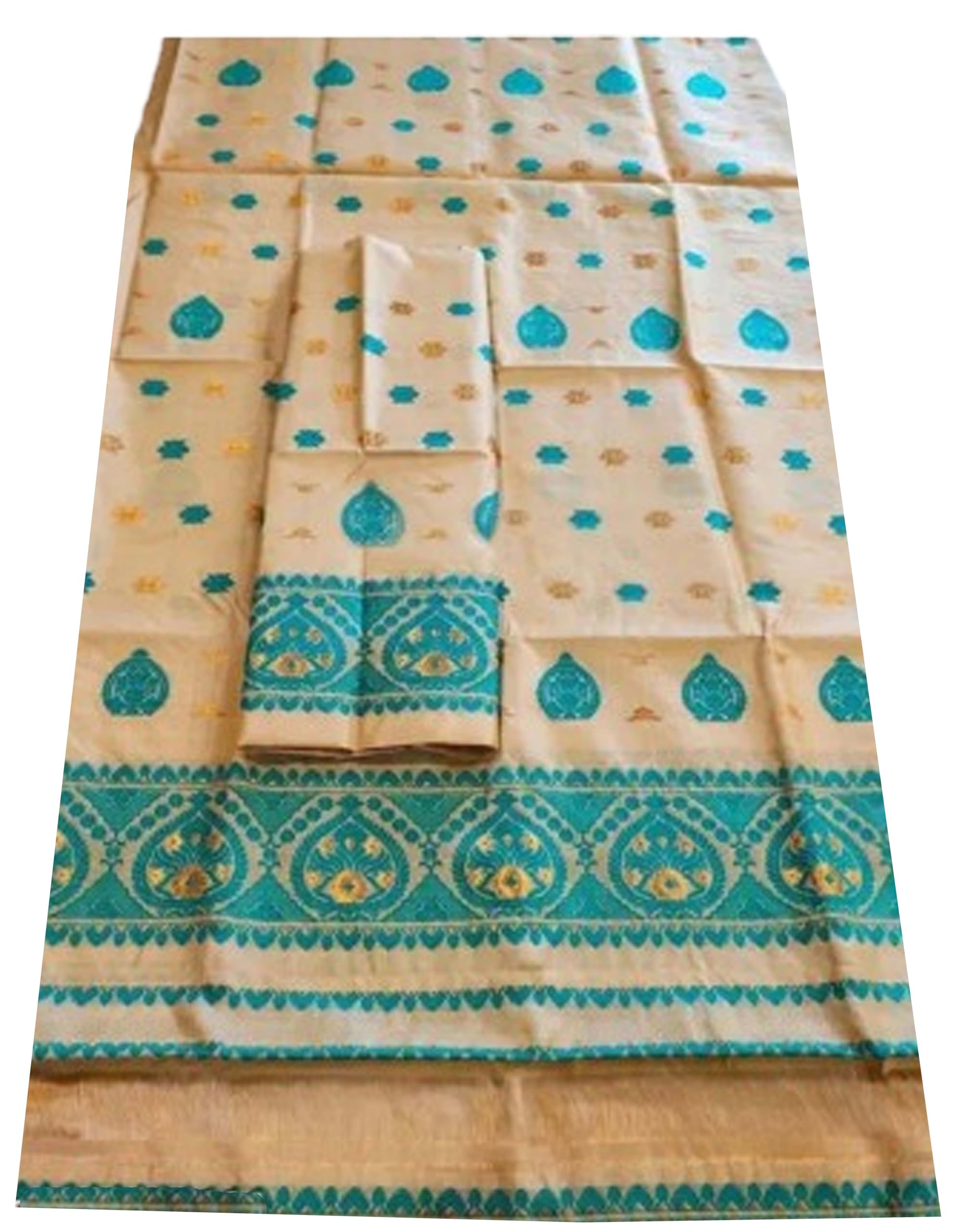 Women`s Assamese Bridal Mekhela Sador Pure Silk Zari Woven Mix Pat Traditional Design -Cream Green