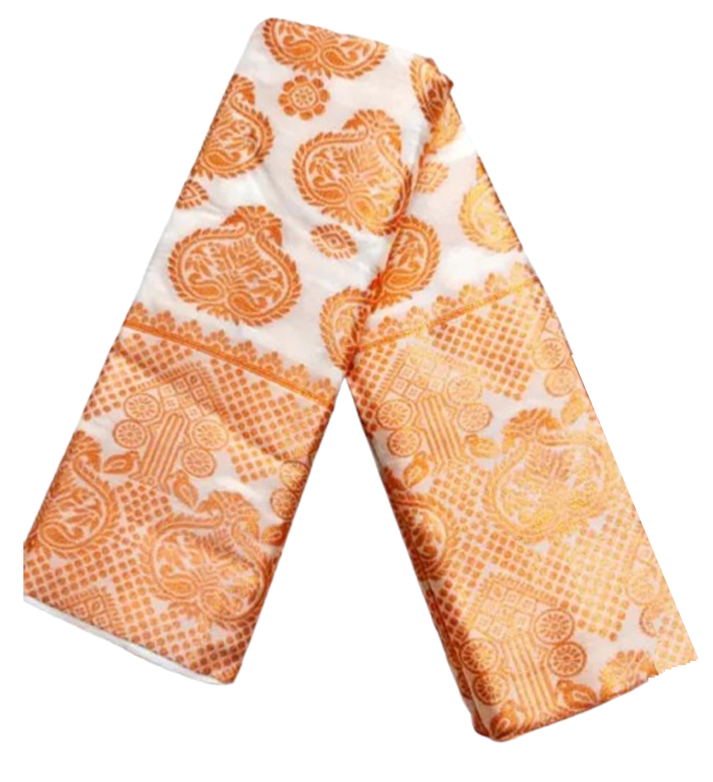 Women`s Assamese Mekhela Sador Santal Panchi Lungi Parhar Fabric of Soft Silk Traditional Design- White Orange Buti