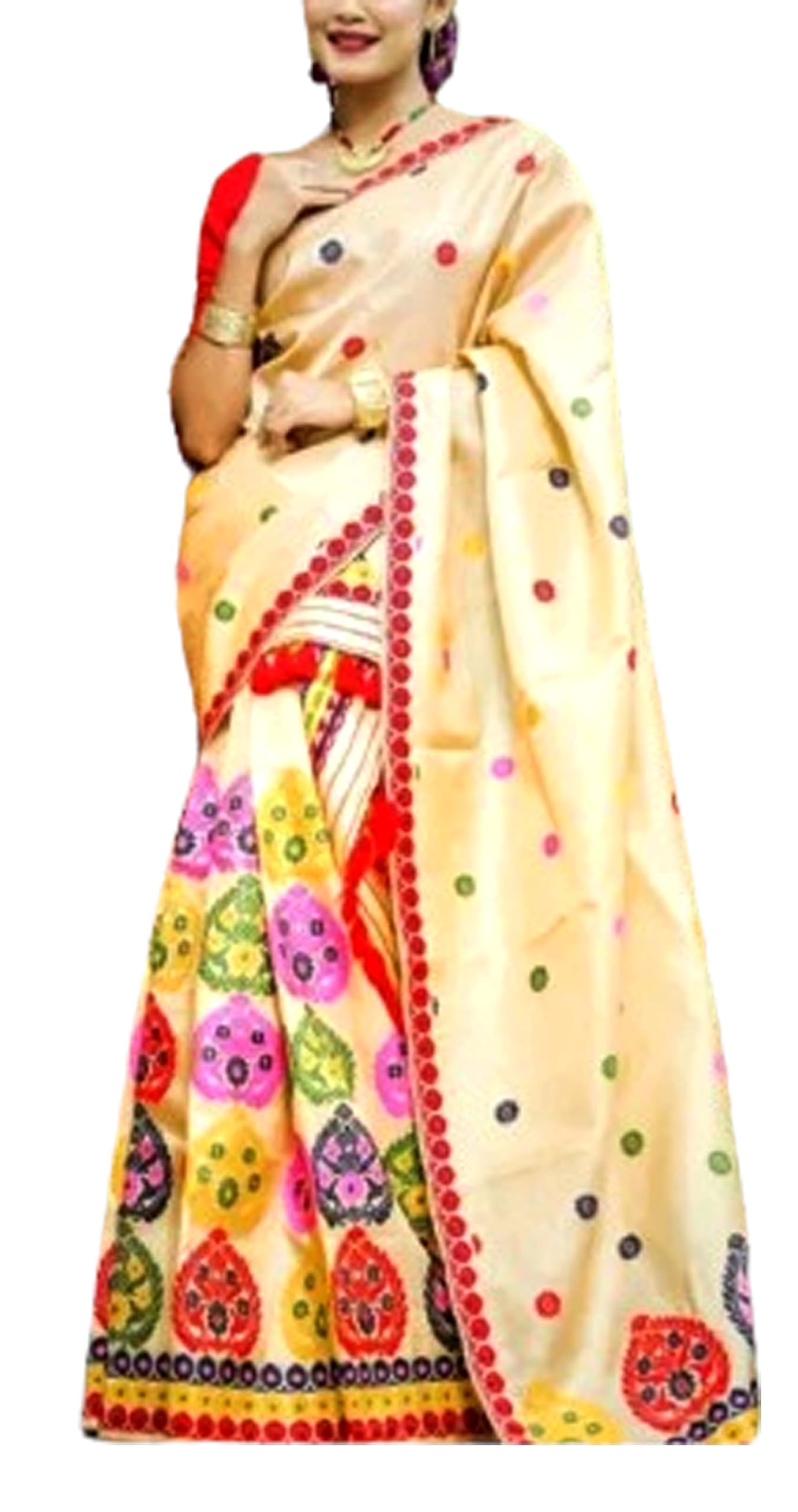 Women`s Assamese Mekhela Sador Traditional Design- White Red Buti