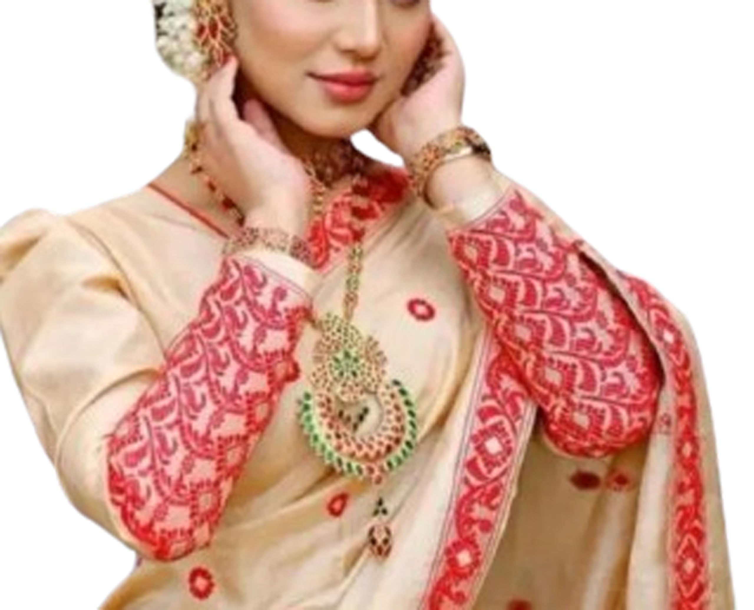 Women`s Assamese Mekhela Sador Traditional Design- Cream Red Buti