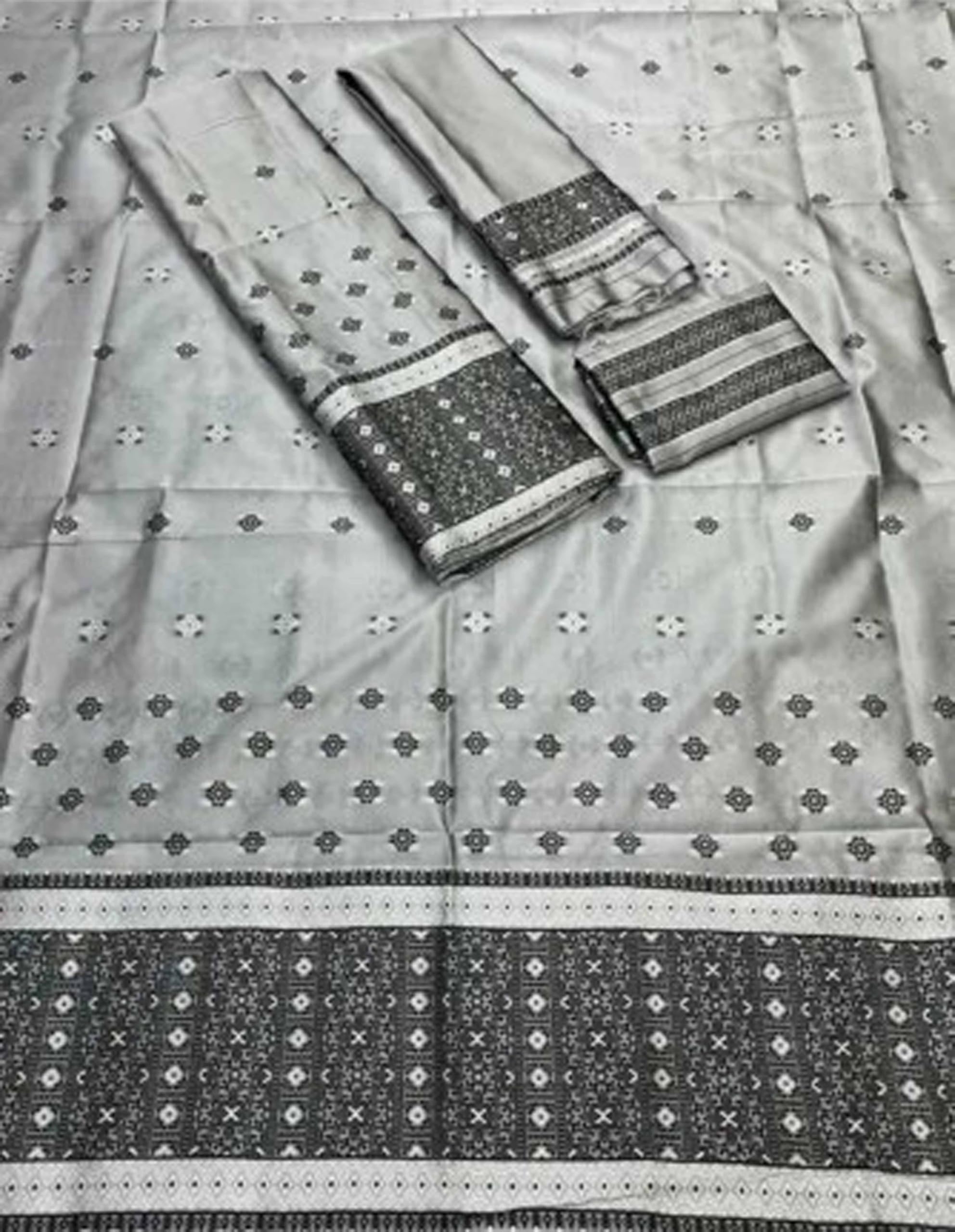 Women`s Assamese Mekhela Sador Traditional Design-Grey Black