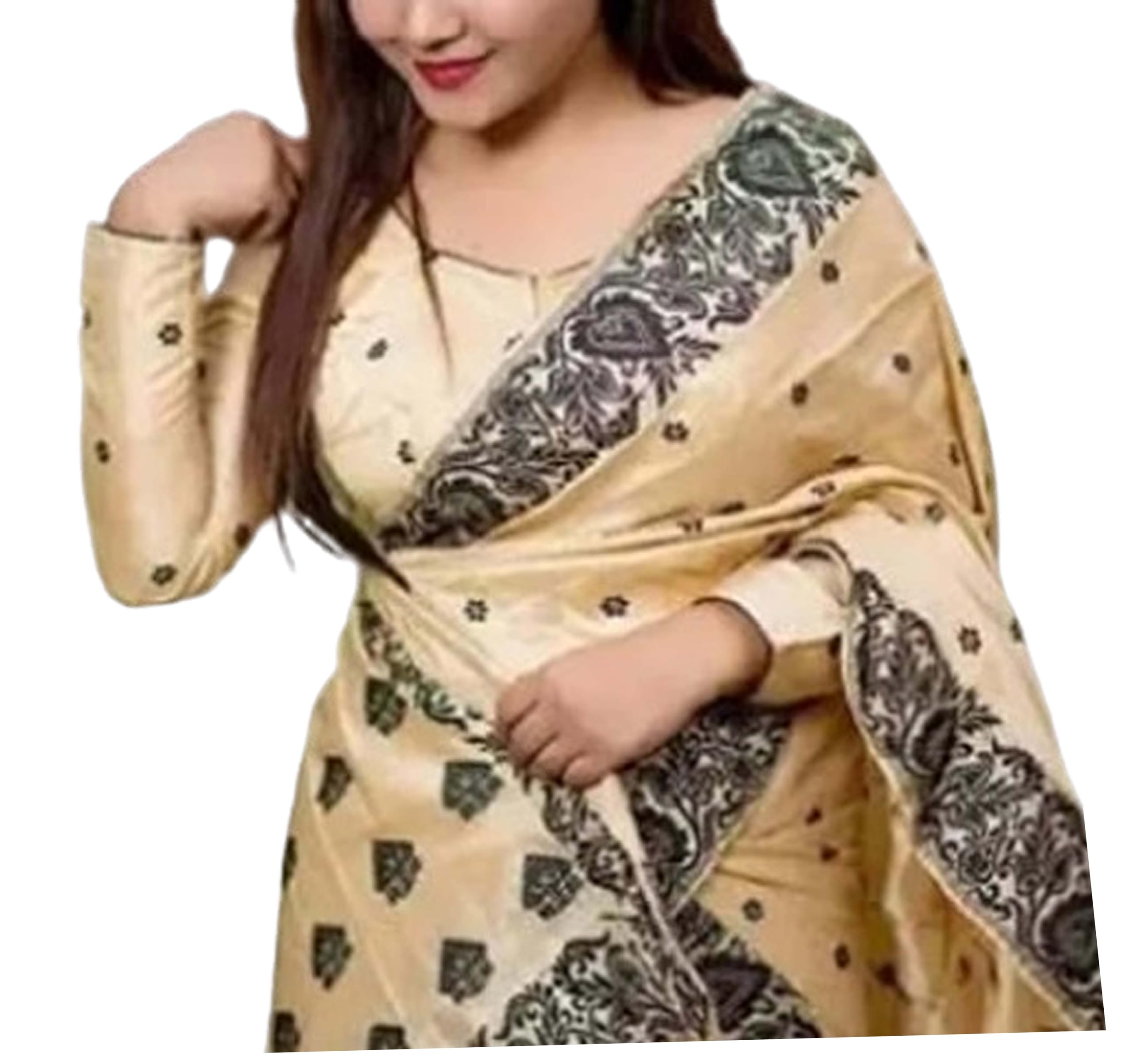 Women`s Assamese Mekhela Sador Chador Pat Traditional Design- Black Buti