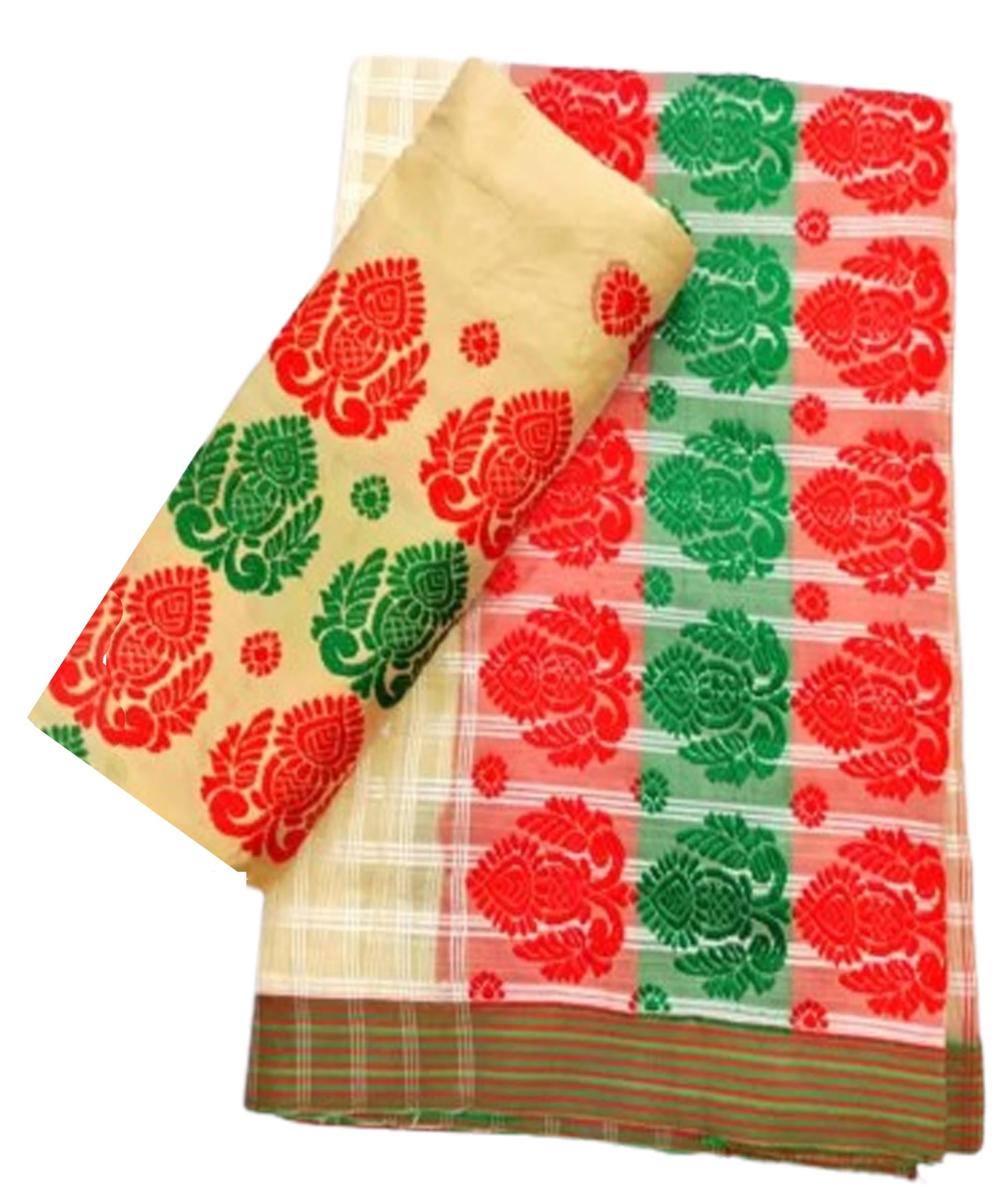 Women`s Assamese Mekhela Sador Fabric of Soft Silk Traditional Design- Cream Red Green