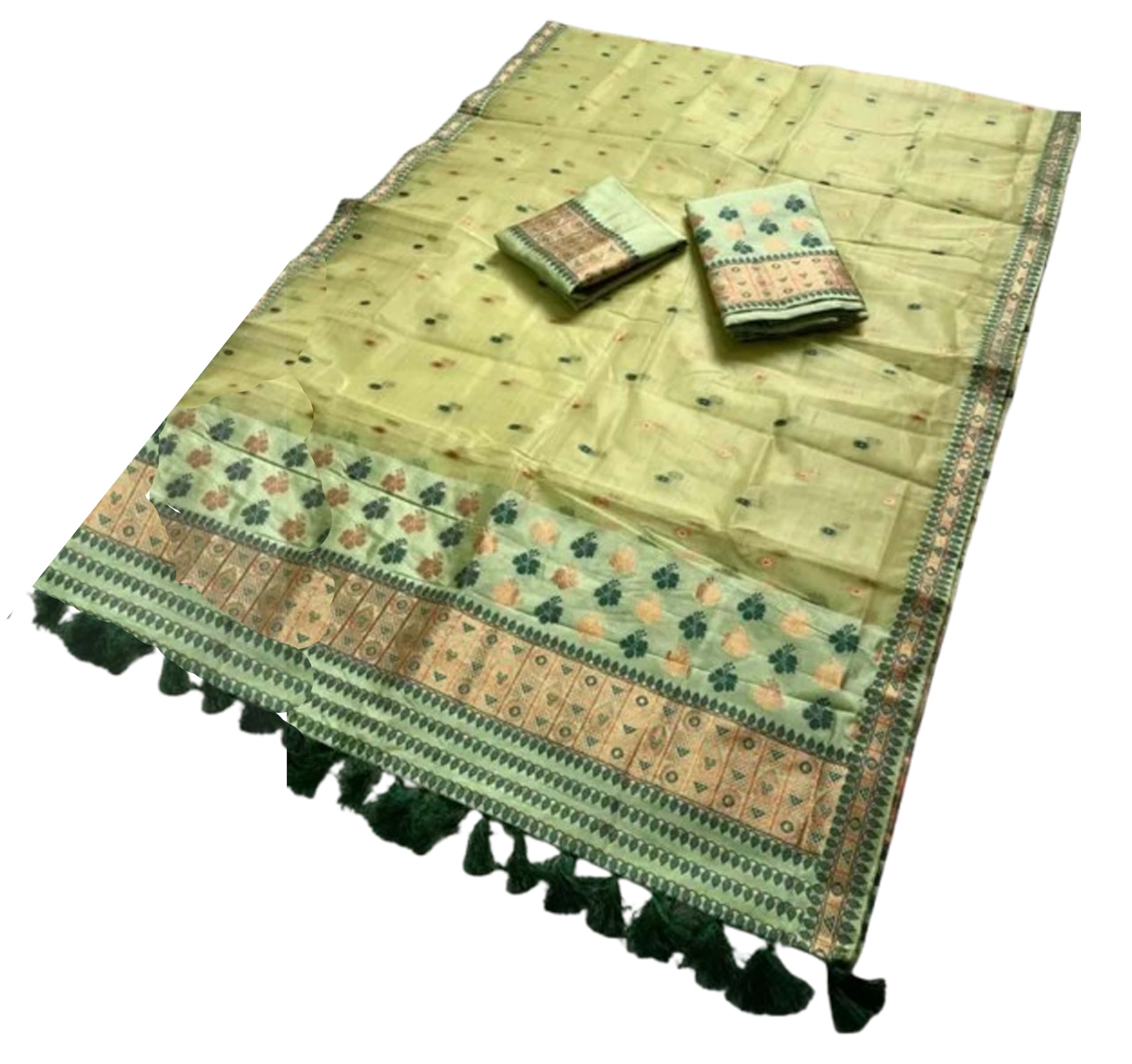 Women`s Assamese Mekhela Sador Pat Traditional Design-Pista Green