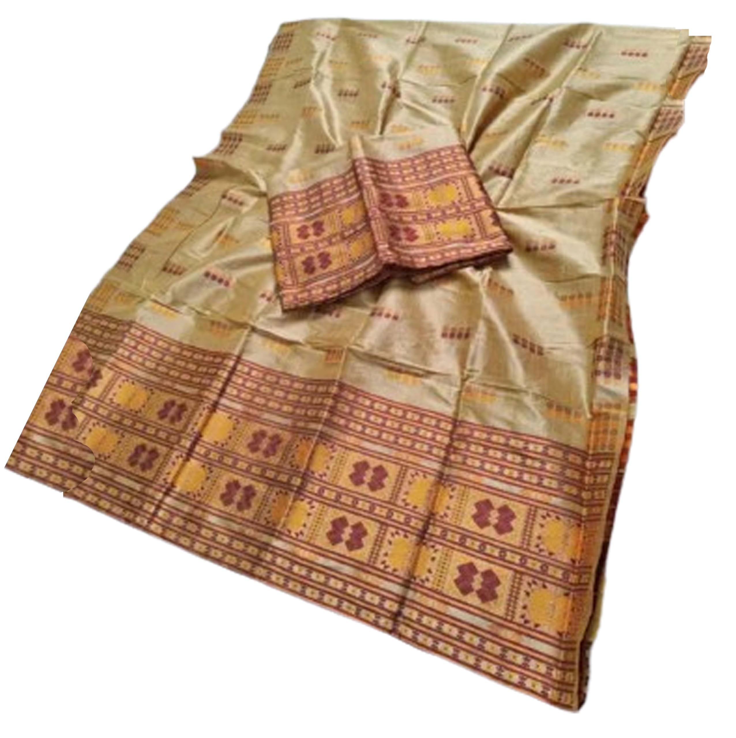 Women`s Assamese Mekhela Sador Paat Santal Guna Panchi Lungi Parhar Fabric of Soft Silk Traditional Design- Cream Tussar