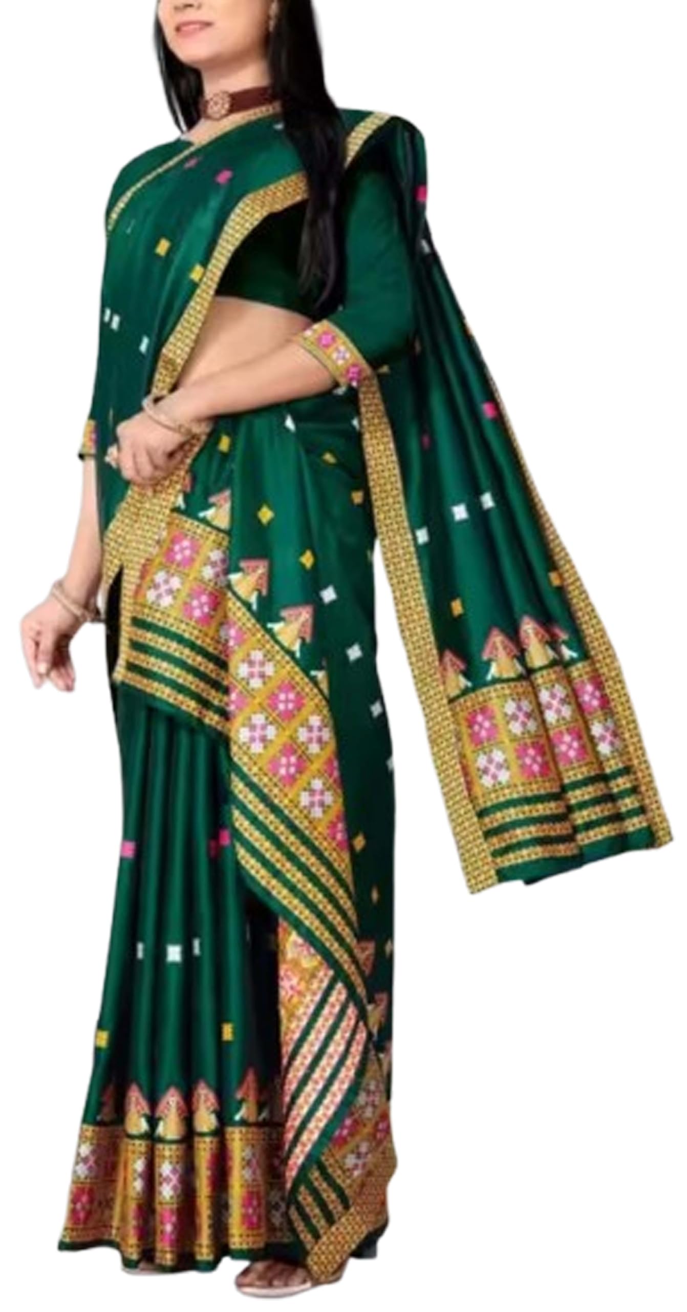 Women`s Assamese Mekhela Sador Cotton Traditional Design- Green