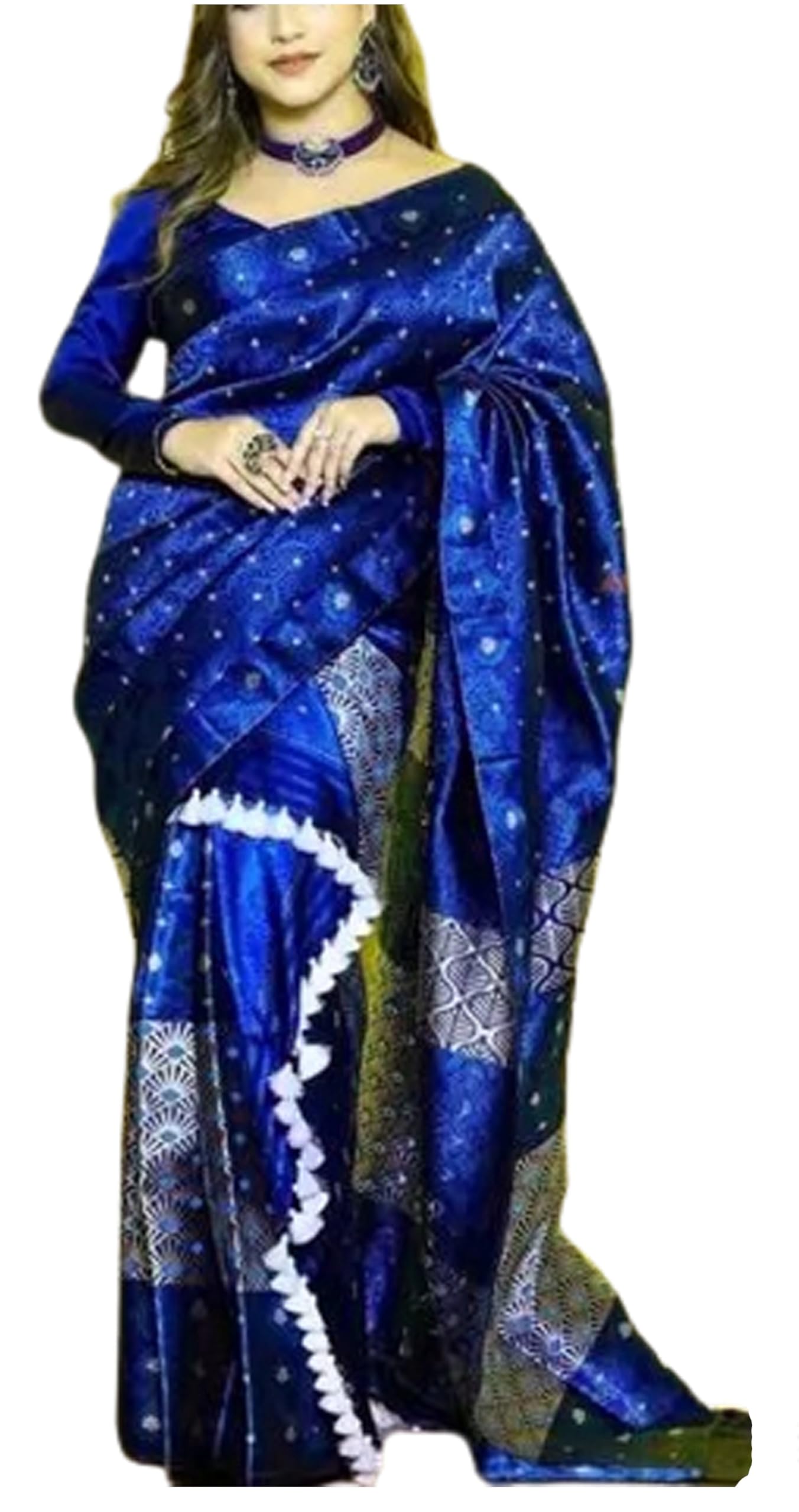 Women`S Assamese Mekhela Sador Parhar Fabric Of Soft Silk Traditional Design Saree - Blue