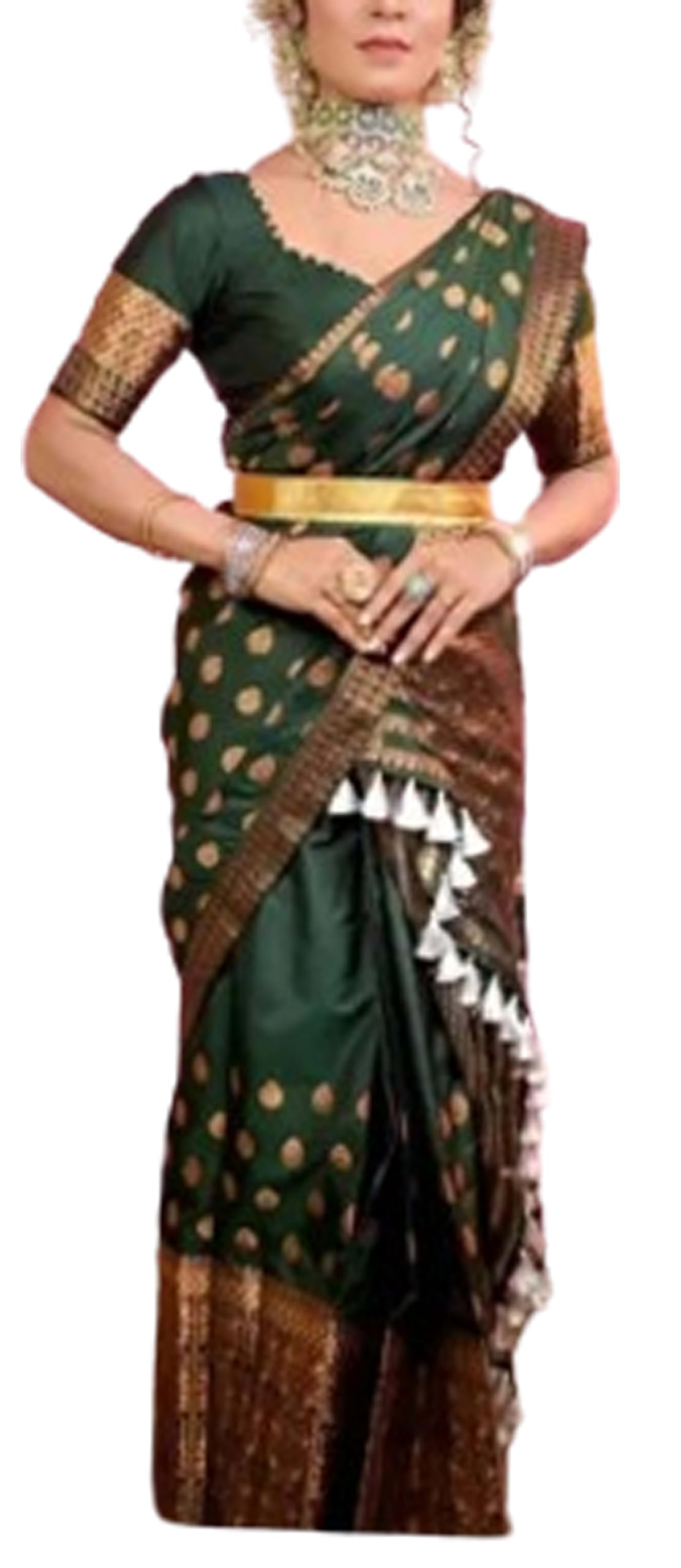 Women`s Bridal Assamese Mekhela Sador Chador Pat Traditional Design- Olive Green
