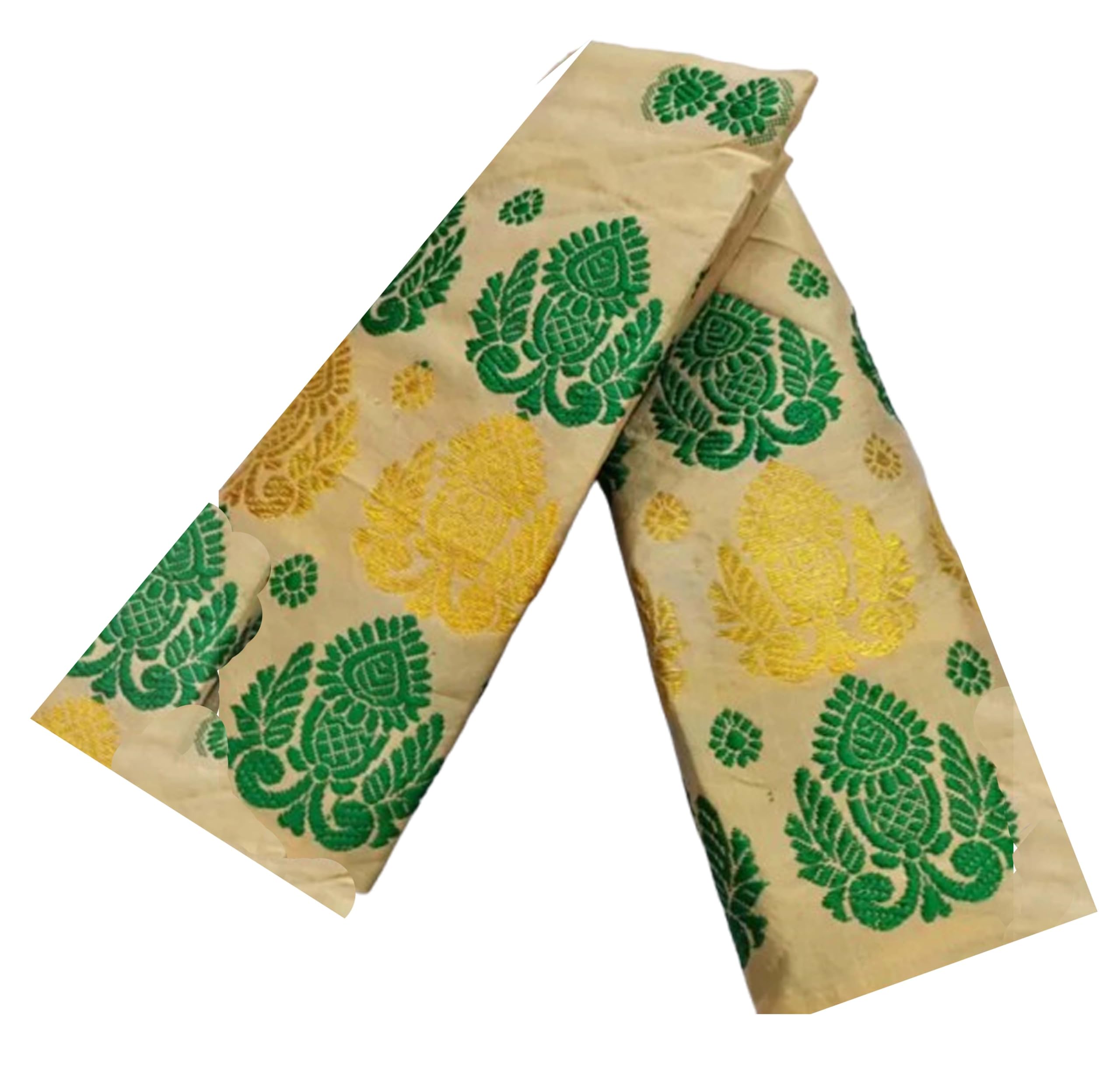 Women`s Assamese Mekhela Sador Santal Panchi Lungi Parhar Fabric of Soft Silk Traditional Design- Cream Green Buti