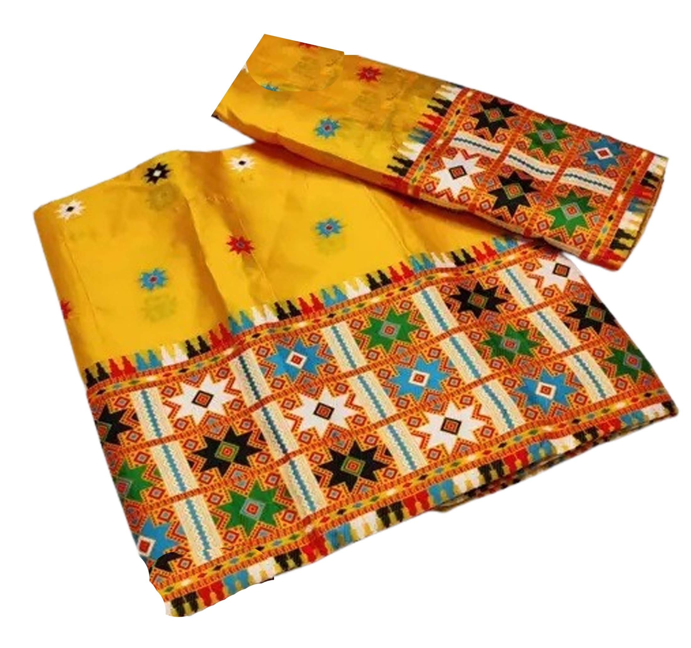 Women`s Assamese Mekhela Sador Fabric of Self Soft Silk Traditional Design-Yellow Orange
