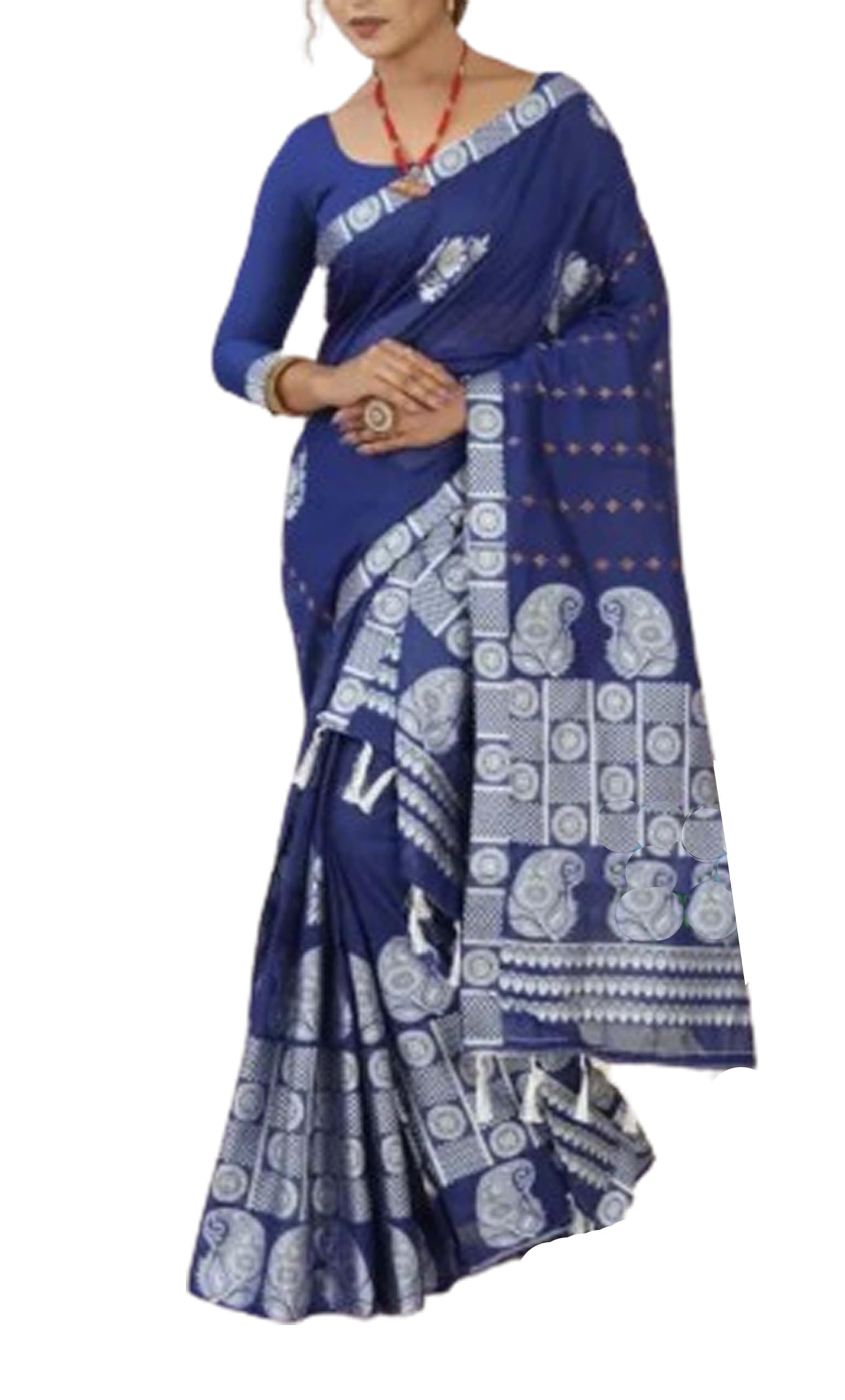 Women`s Bridal Assamese Mekhela Sador Chador Pat Traditional Design- Blue White