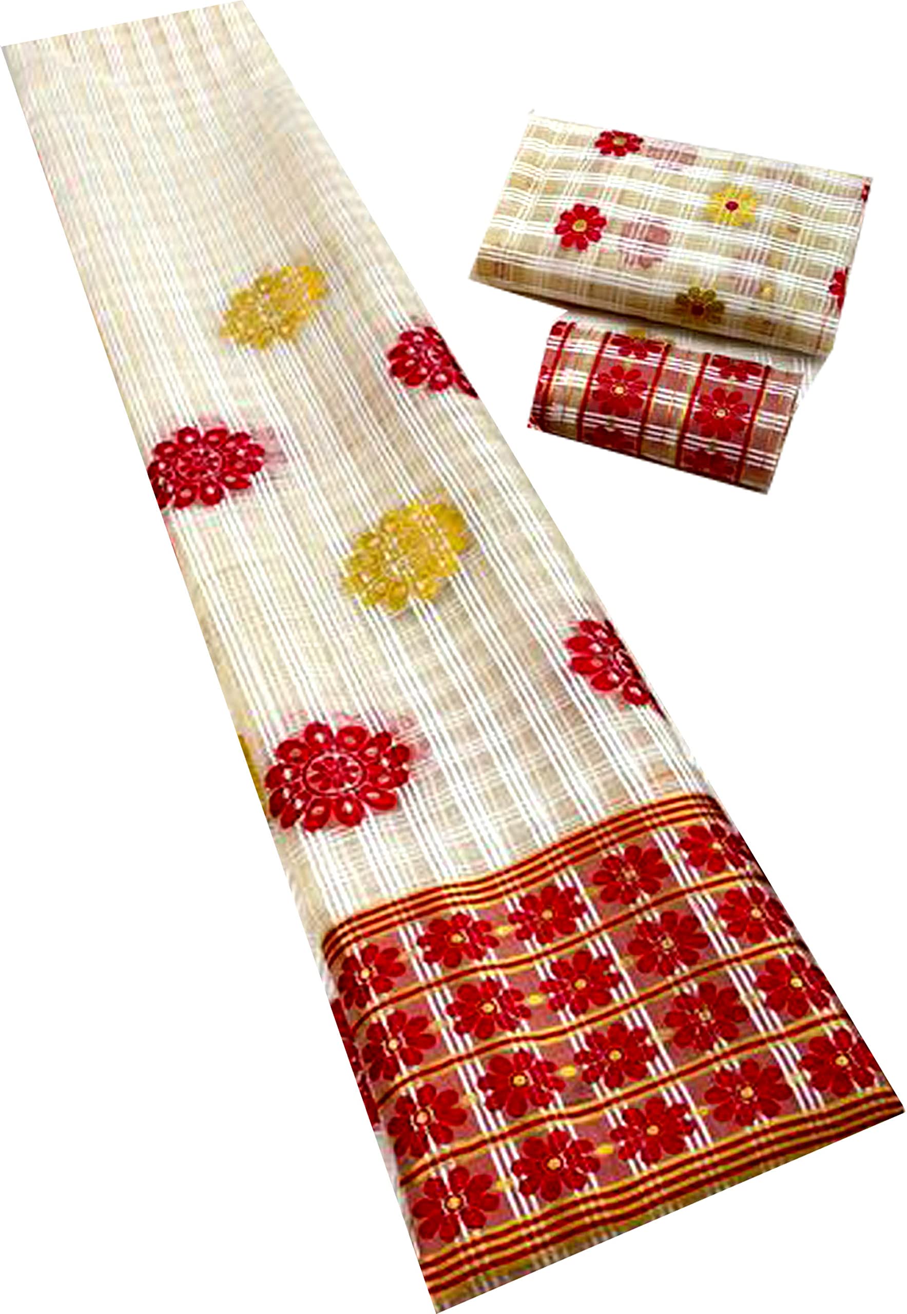 Jolly Enterprise Women`s Assamese Mekhela Sador Traditional Design- White Red
