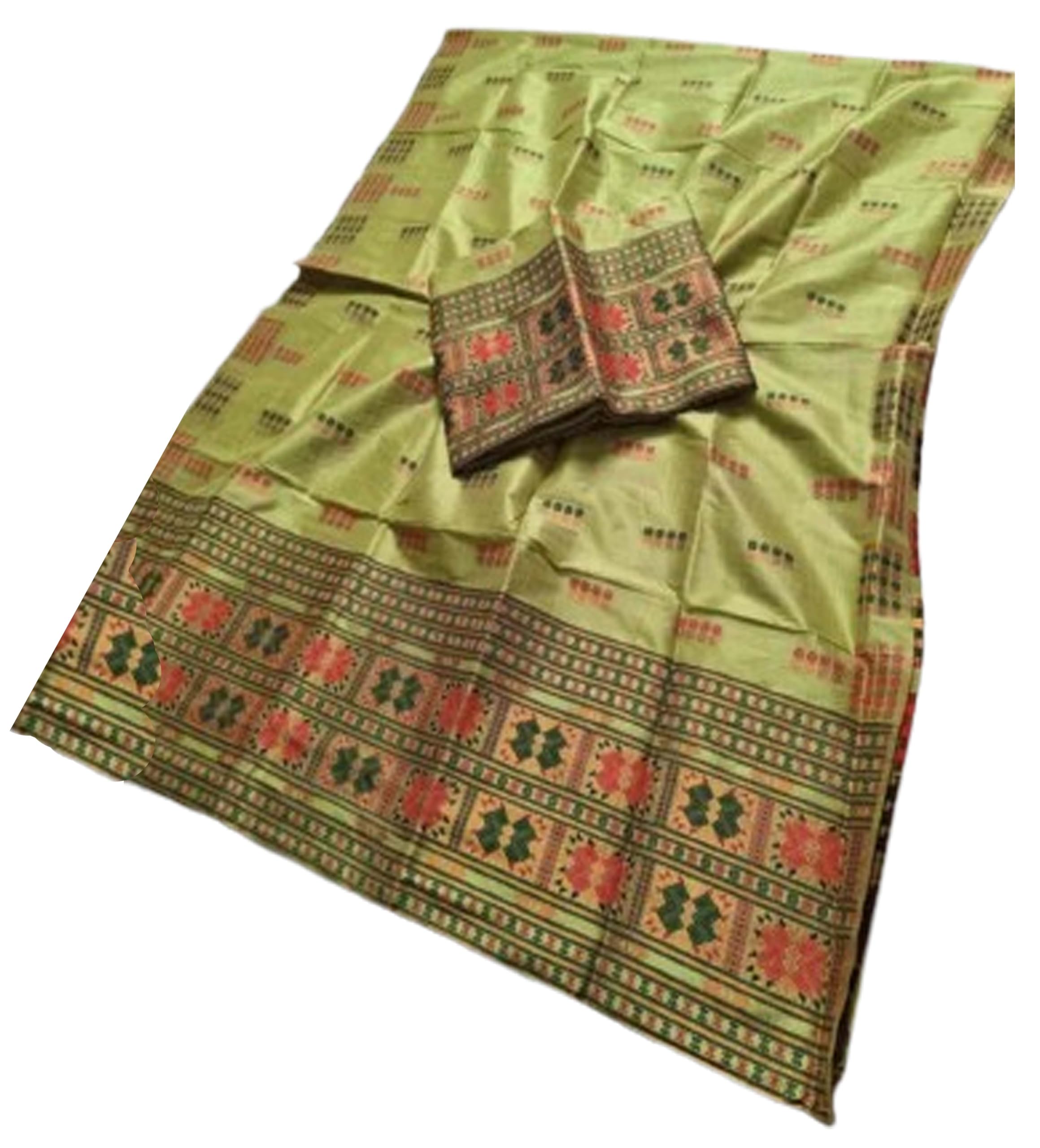 Women`s Bridal Assamese Mekhela Sador Traditional Design- Olive Green