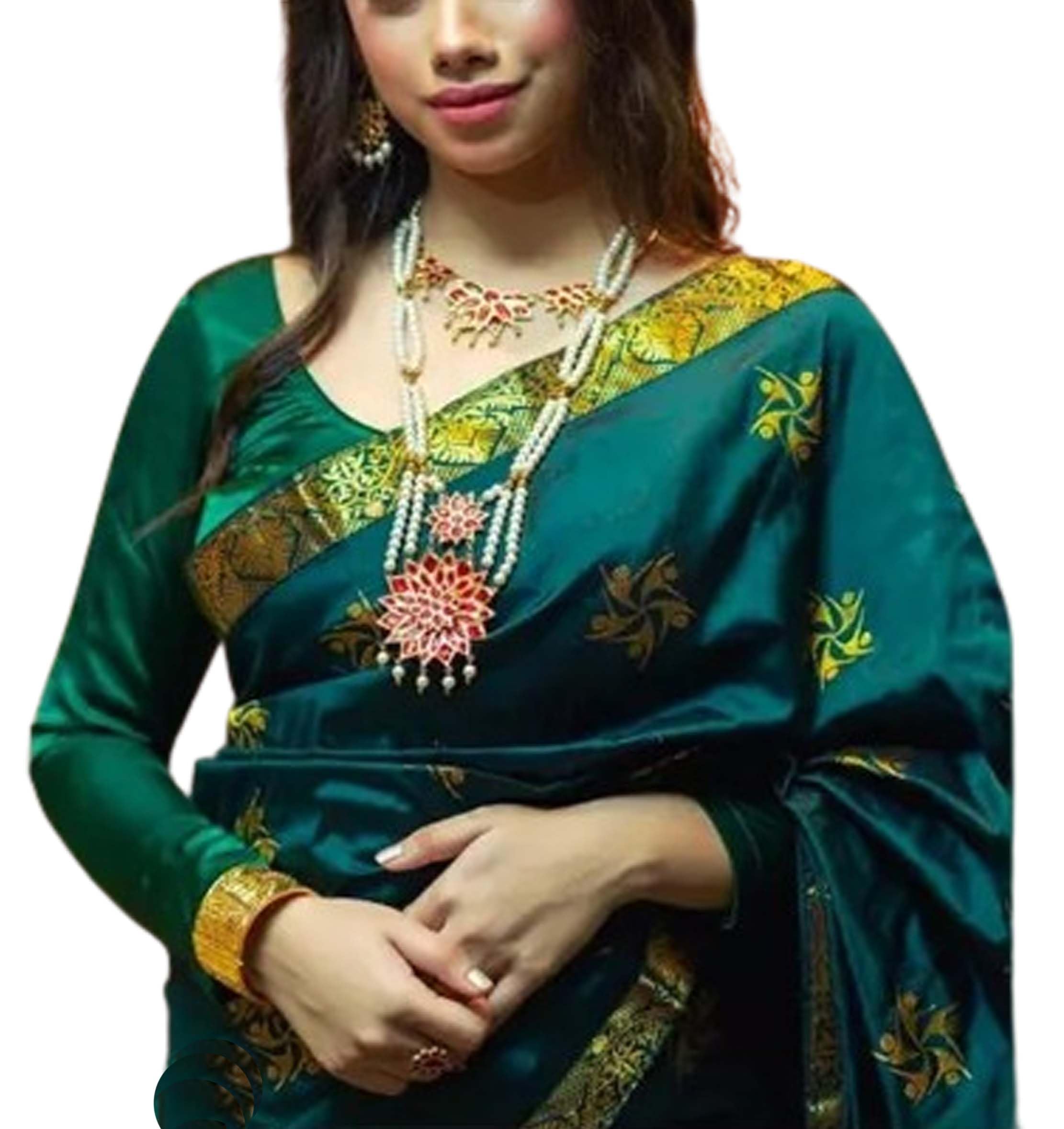 Women`s Assamese Mekhela Sador Chador Pat  Traditional Design- Green Yellow
