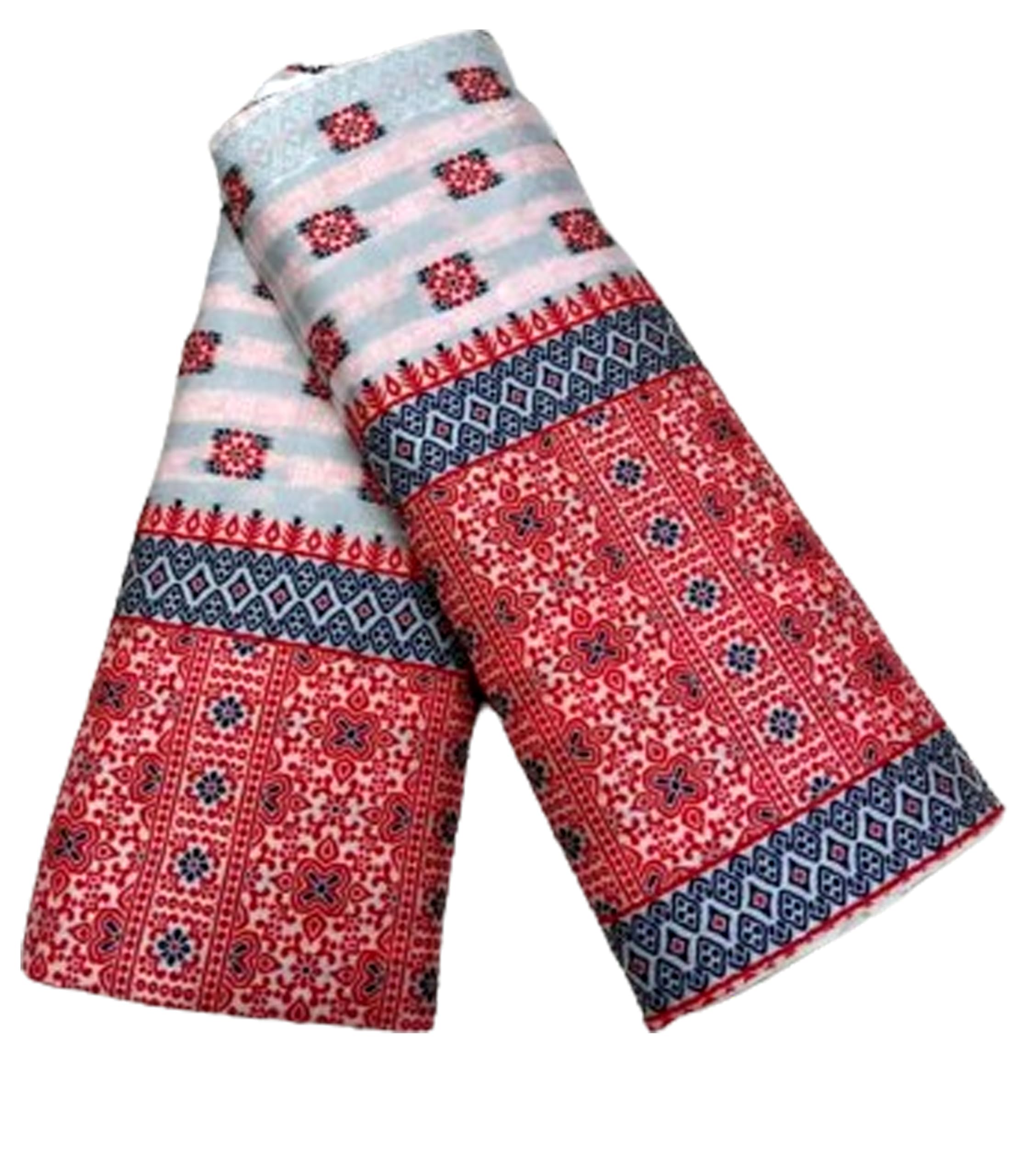 Women`s Assamese Mekhela Cotton Sador Traditional Design- White Red Blk