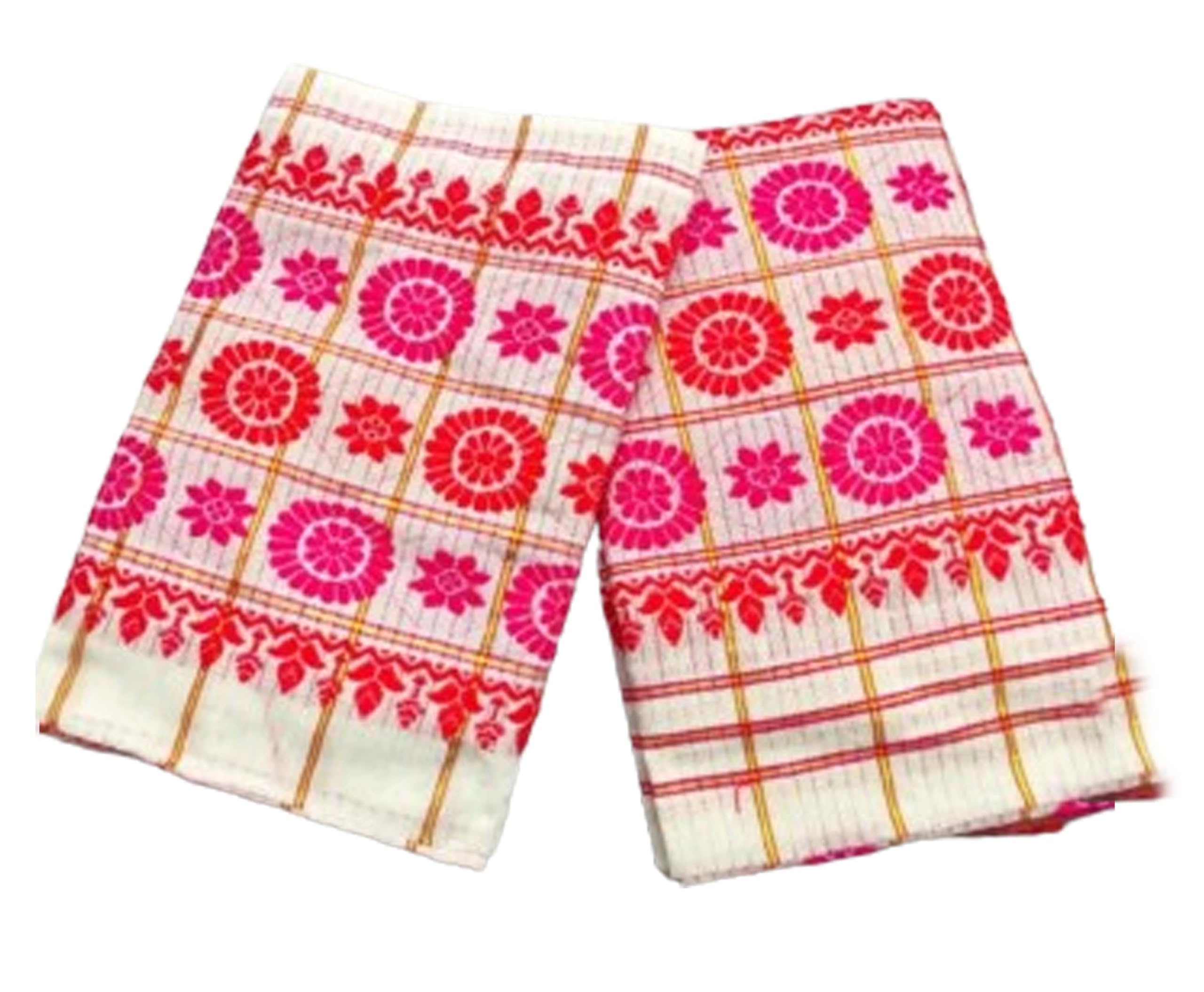 Women`s Assamese Mekhela Cotton Sador Traditional Design- Pink Red