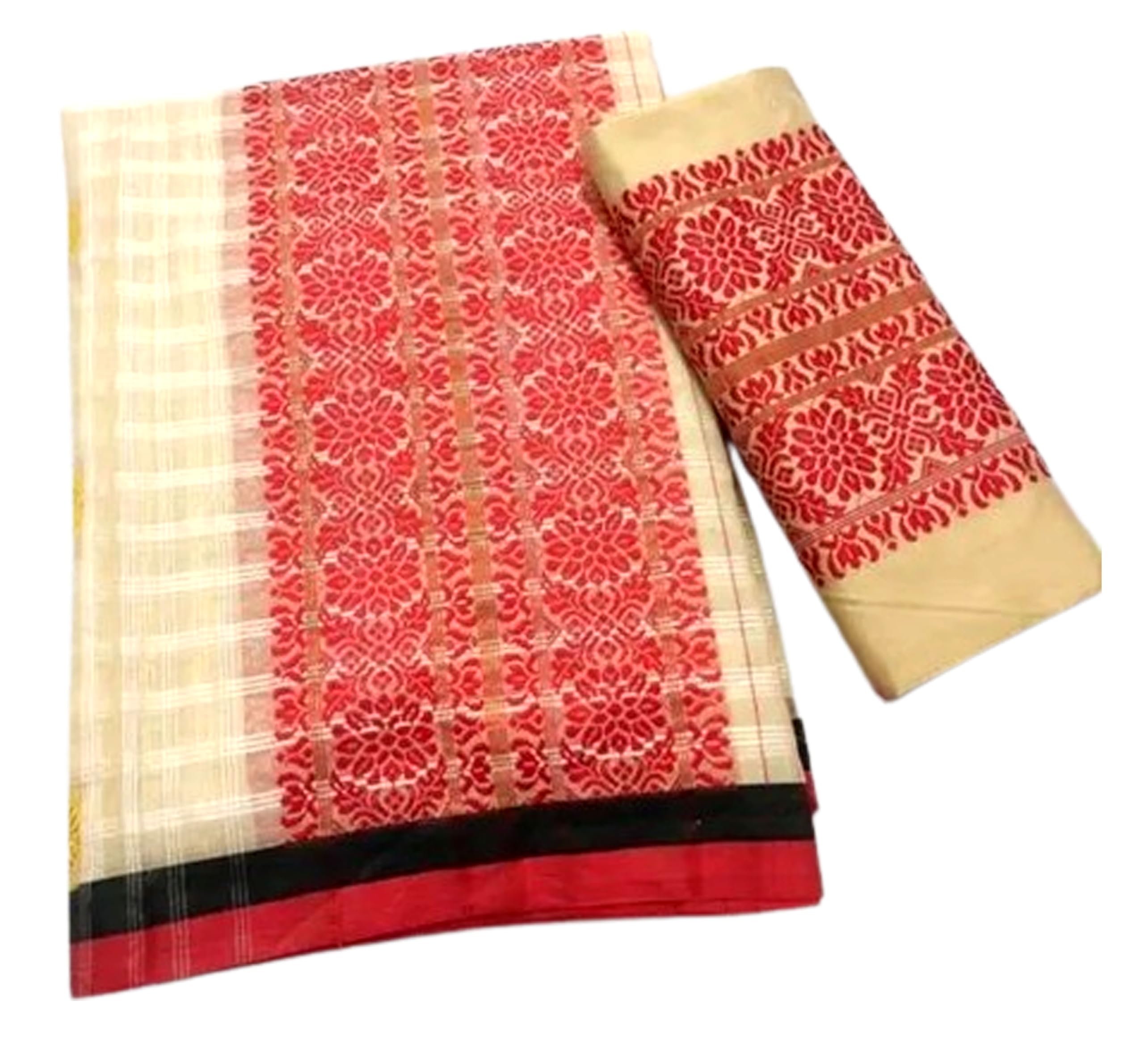 Women`s Assamese Mekhela Sador Traditional Design- Cream Red