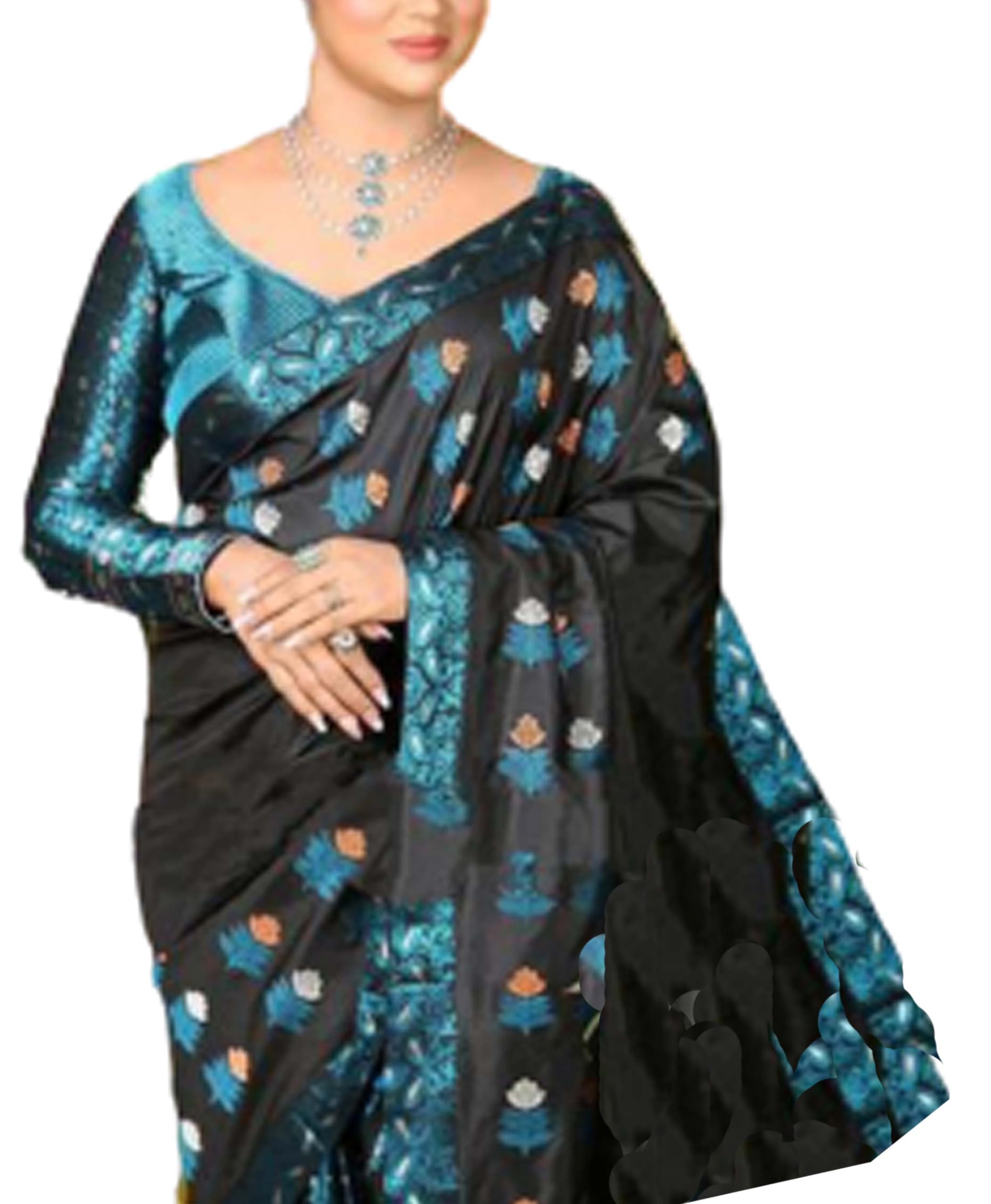 Women`s Bridal Assamese Mekhela Sador Traditional Design-Black Blue