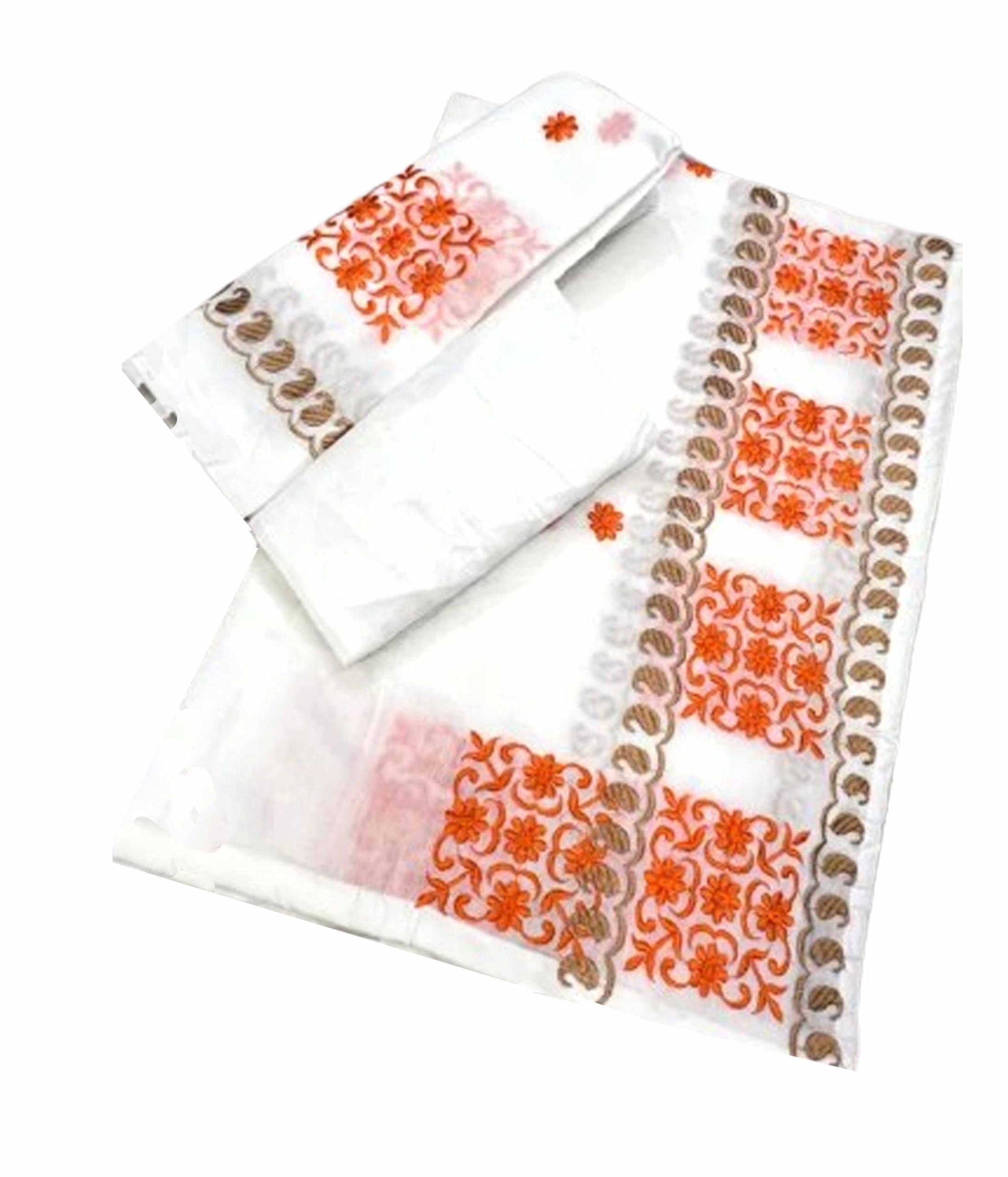 Women`s Assamese Mekhela Sador Jura Santal Parhar Pure Fabric of Soft Silk Traditional Design- White Orange Alpona