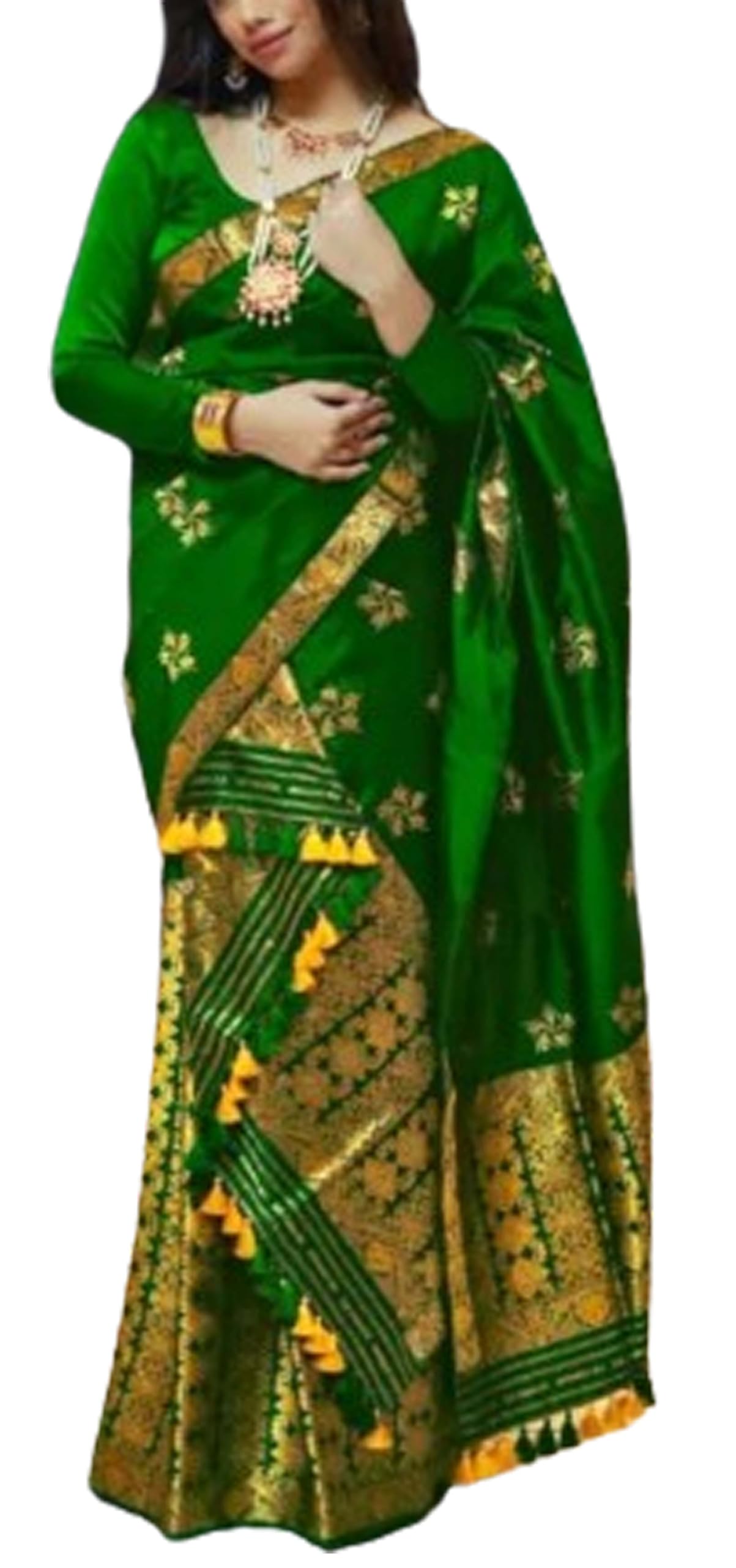 Women`S Bridal Assamese Mekhela Sador Jura Santal Panchi Parhar Pure Fabric Soft Silk Traditional Design Saree-Greeen Gold